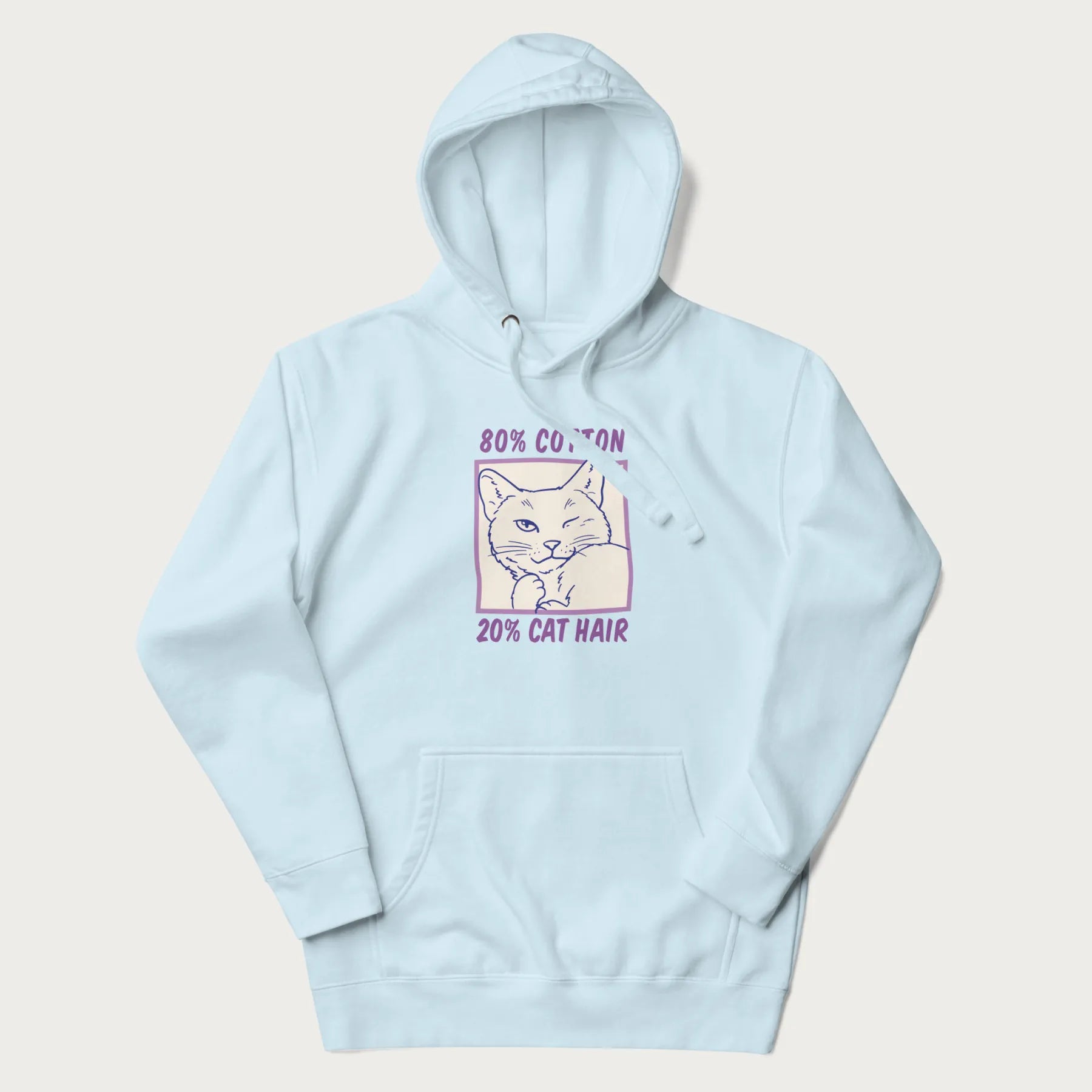 Light blue hoodie with graphic of a winking cat with the text "80% cotton 20% cat hair".