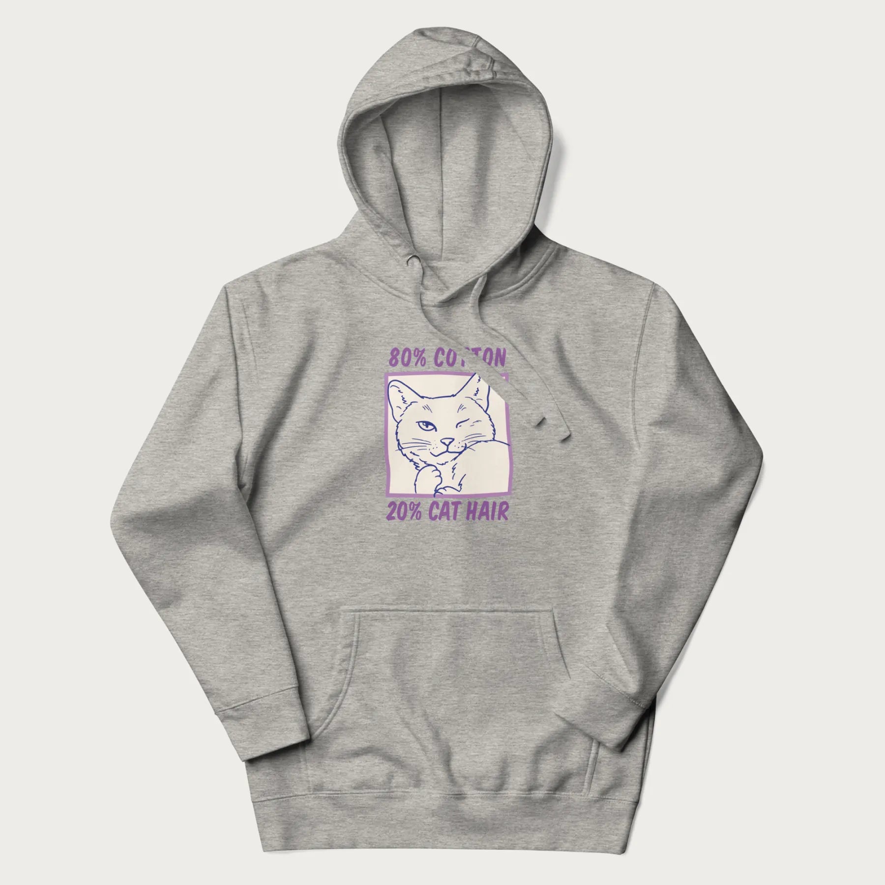 Light grey hoodie with graphic of a winking cat with the text "80% cotton 20% cat hair".