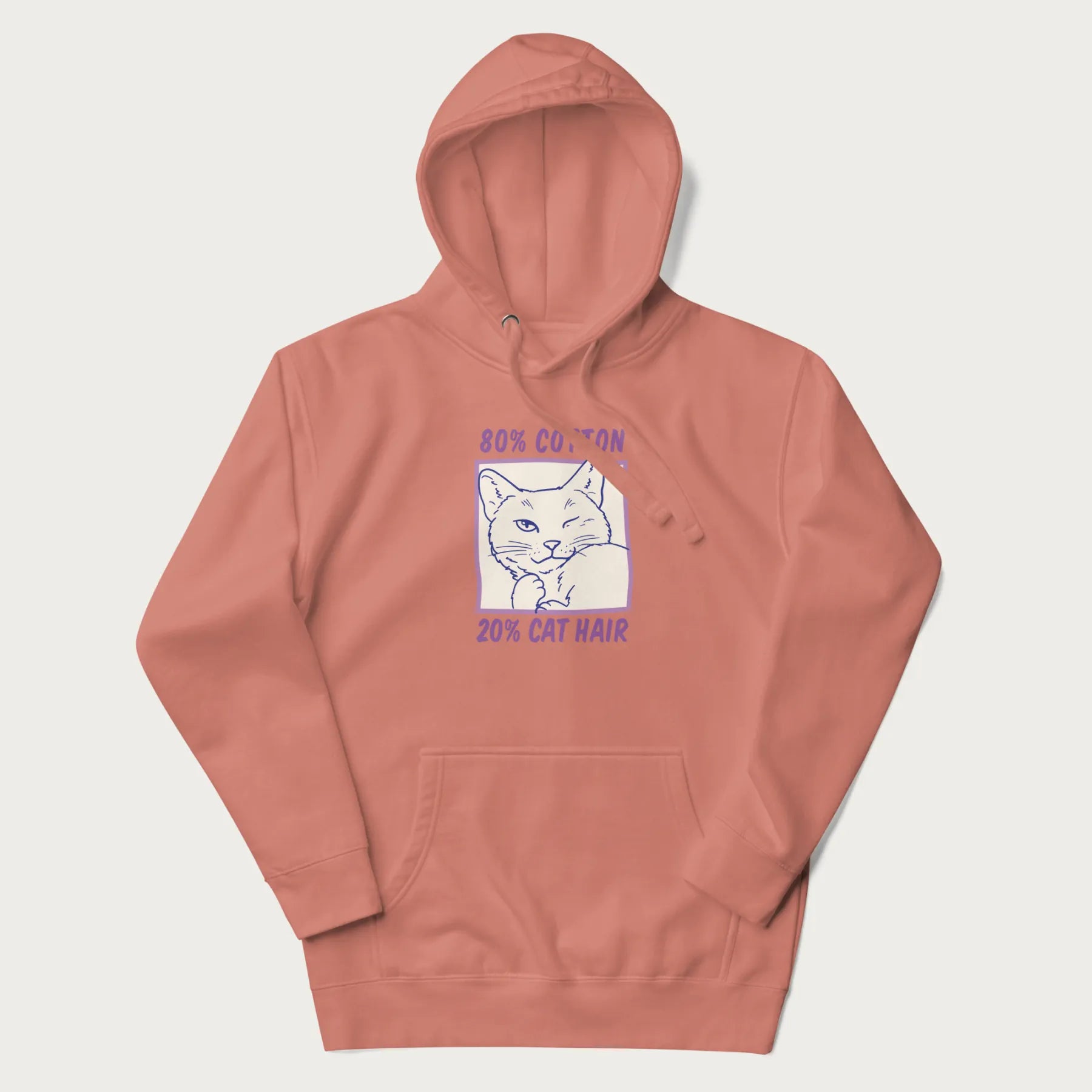 Light pink hoodie with graphic of a winking cat with the text "80% cotton 20% cat hair".