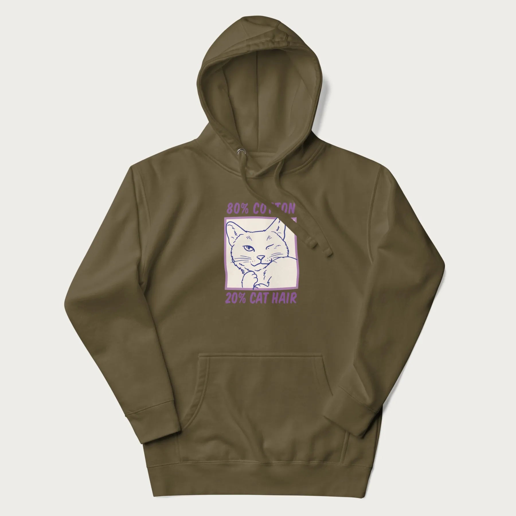 Military green hoodie with graphic of a winking cat with the text "80% cotton 20% cat hair".