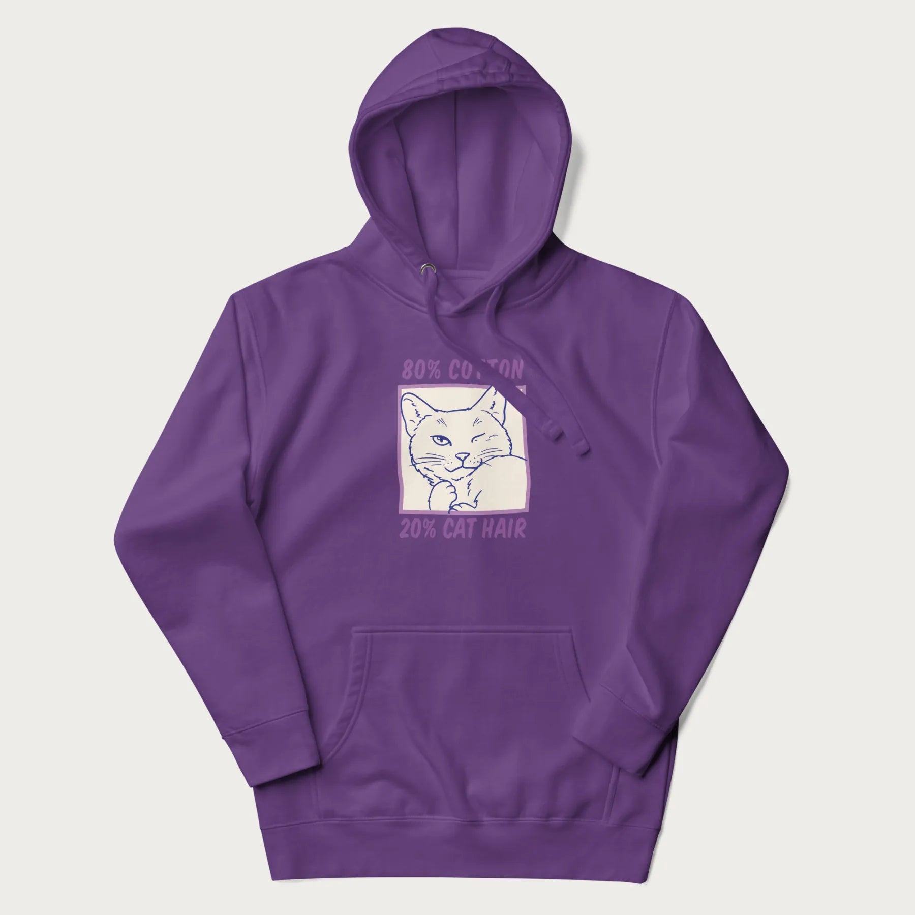 Purple hoodie with graphic of a winking cat with the text "80% cotton 20% cat hair".