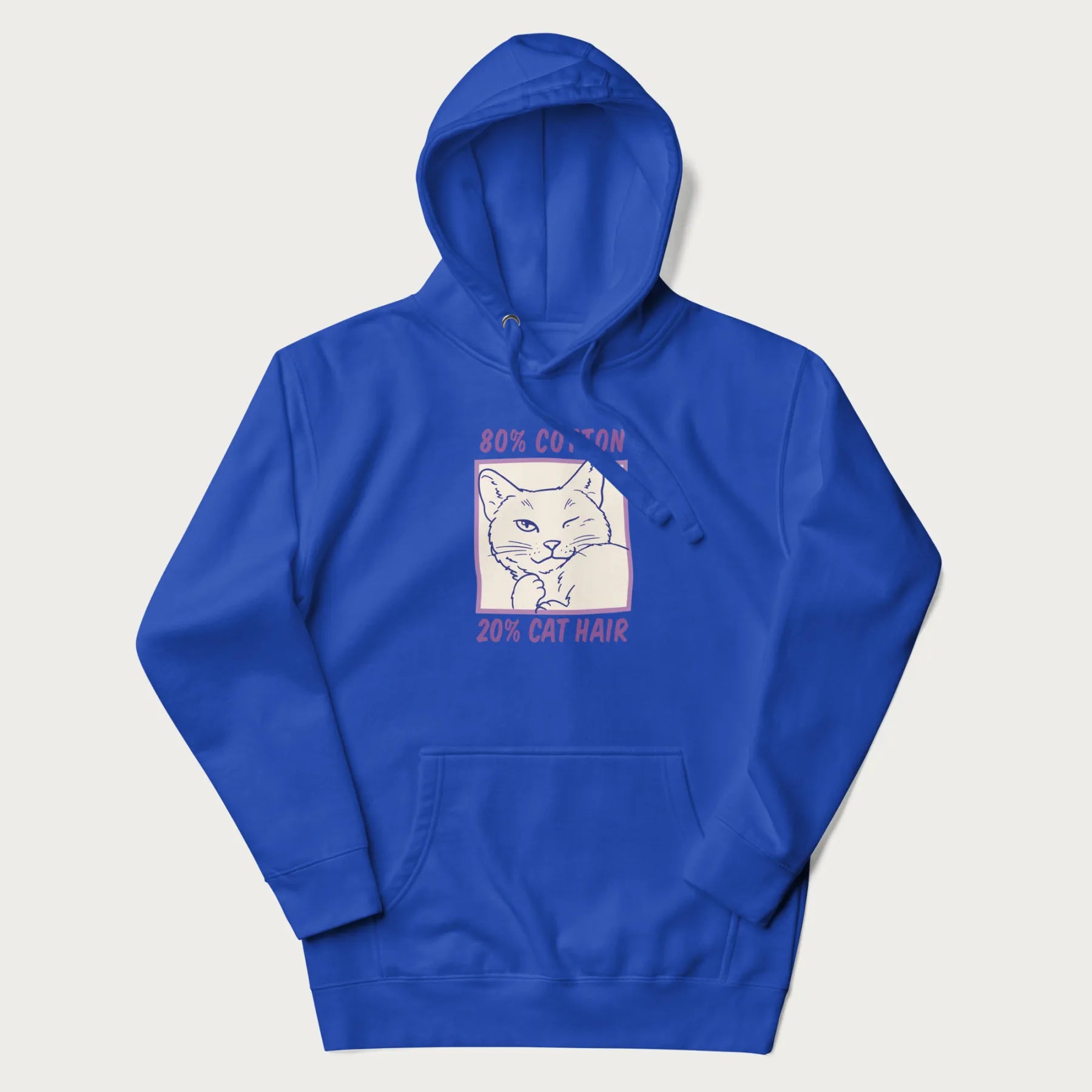 Royal blue hoodie with graphic of a winking cat with the text "80% cotton 20% cat hair".