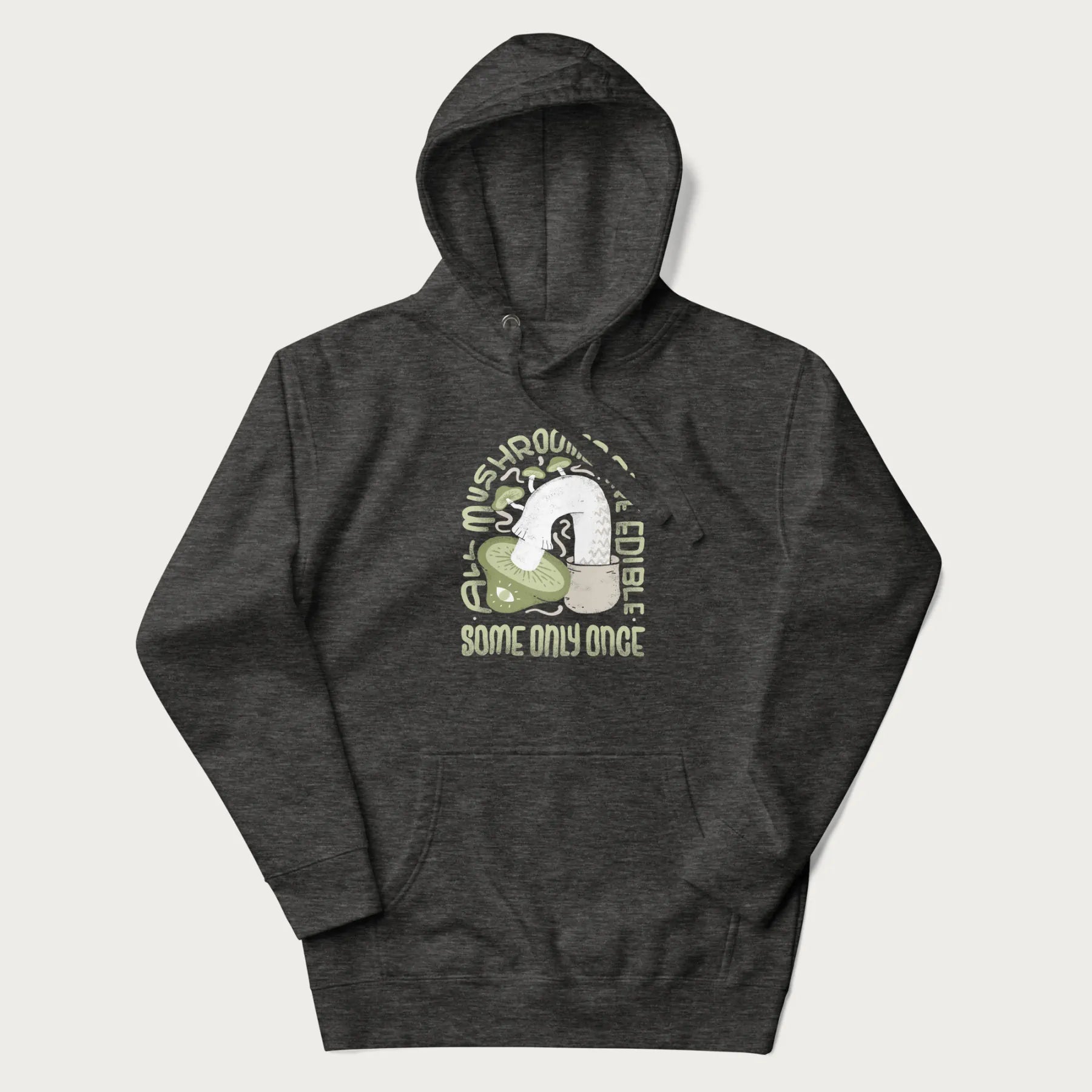 This is a charcoal heather hoodie with a quirky mushroom design on the front #color_dark grey