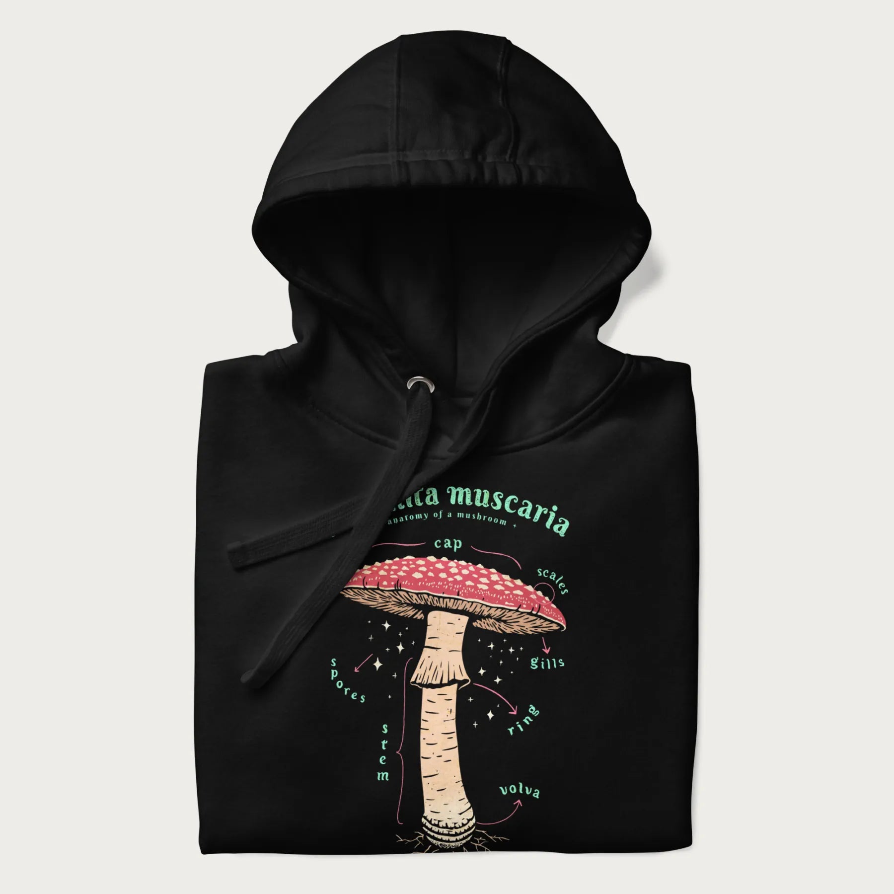 Folded black hoodie with a detailed anatomy illustration of an Amanita muscaria mushroom.