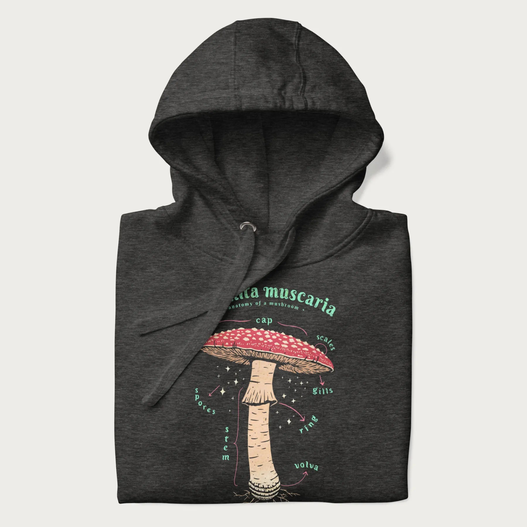 Folded dark grey hoodie with a detailed anatomy illustration of an Amanita muscaria mushroom.