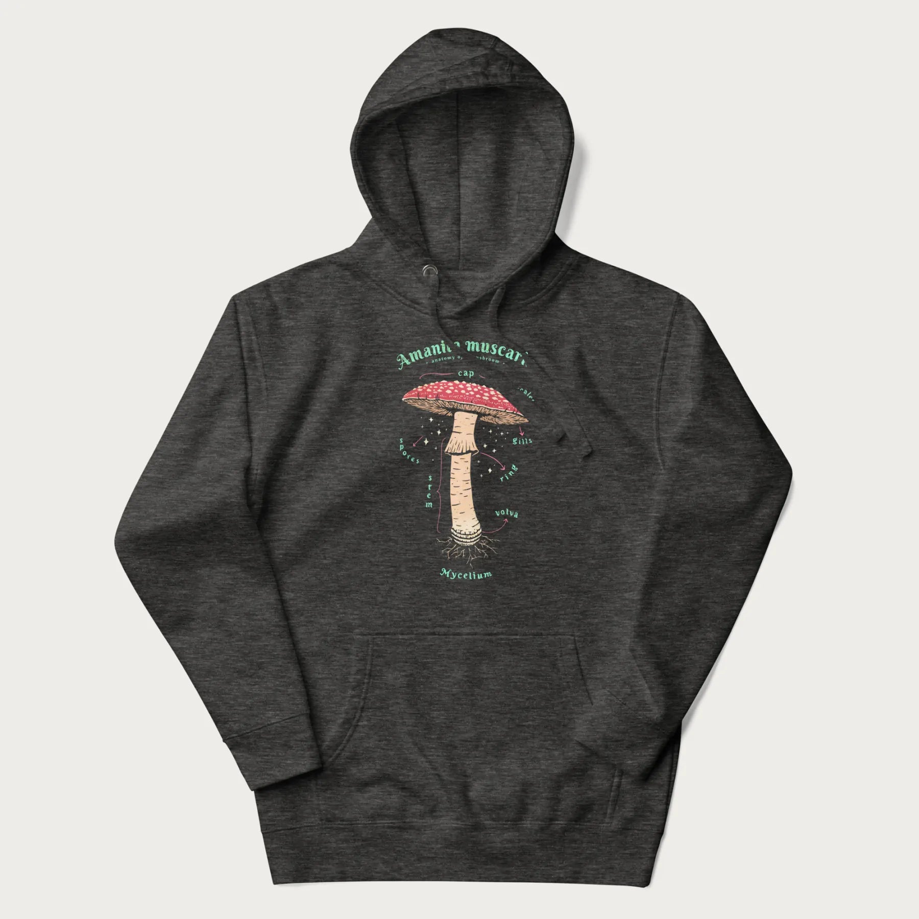 Dark grey hoodie with a detailed anatomy illustration of an Amanita muscaria mushroom.
