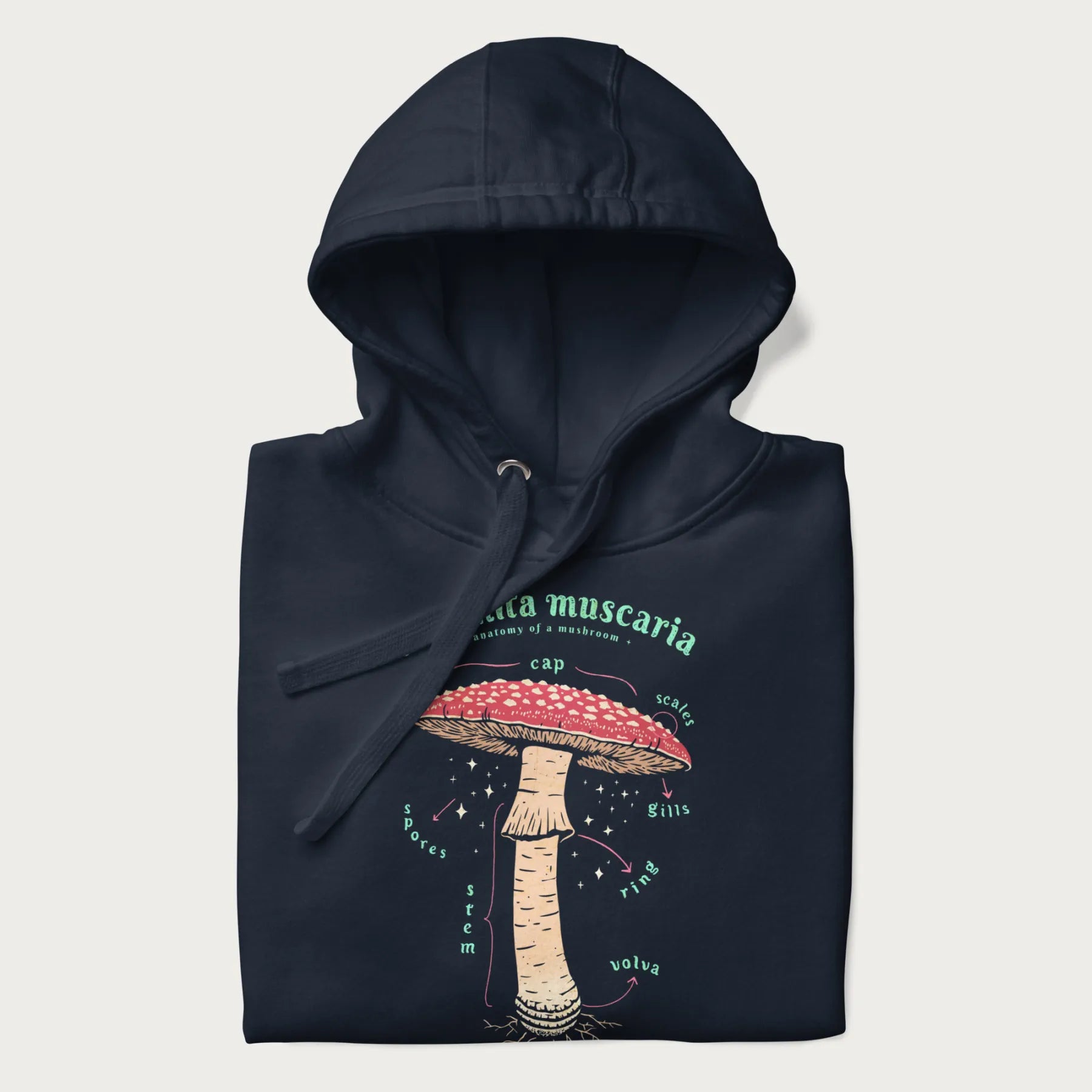 Folded navy blue hoodie with a detailed anatomy illustration of an Amanita muscaria mushroom.