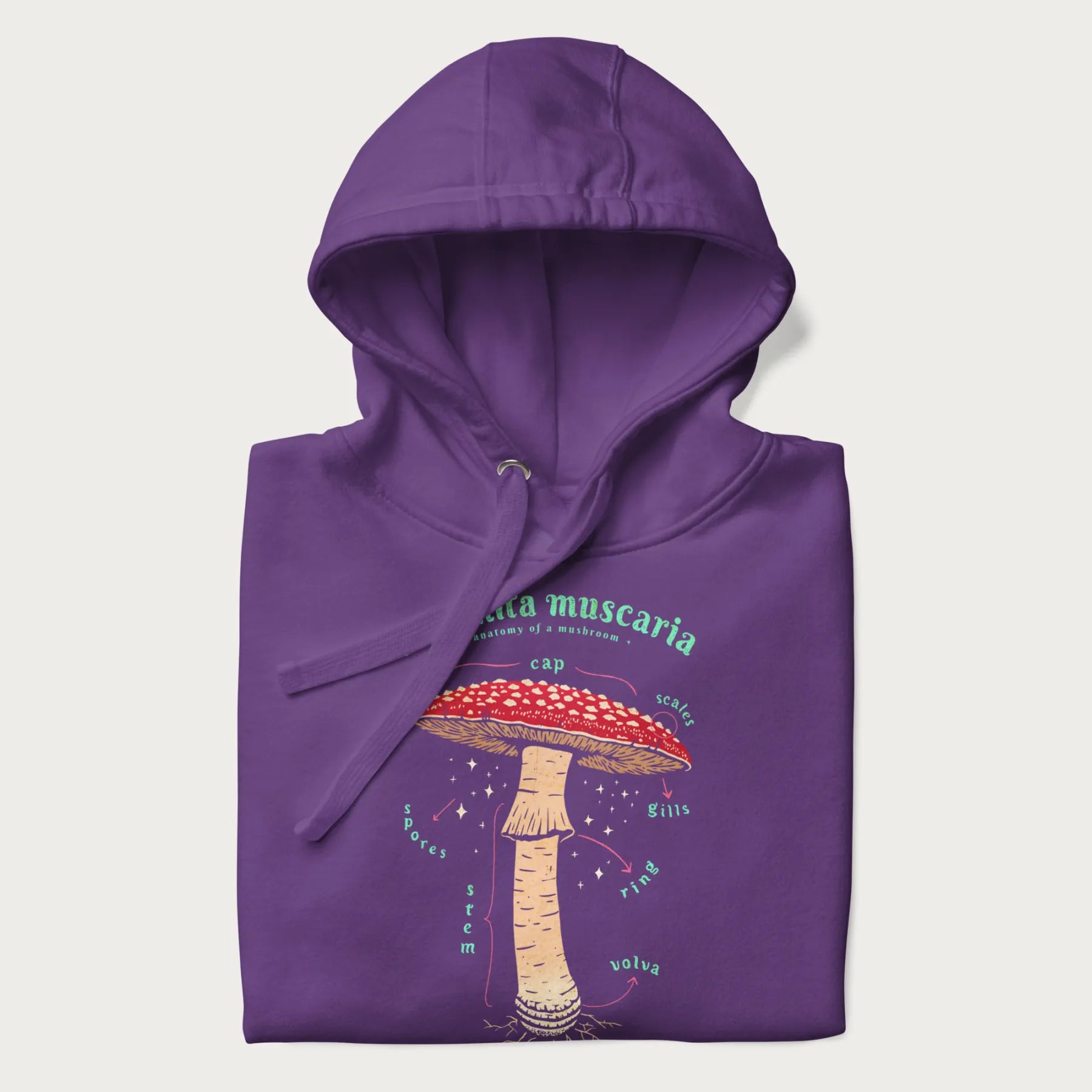 Folded purple hoodie with a detailed anatomy illustration of an Amanita muscaria mushroom.