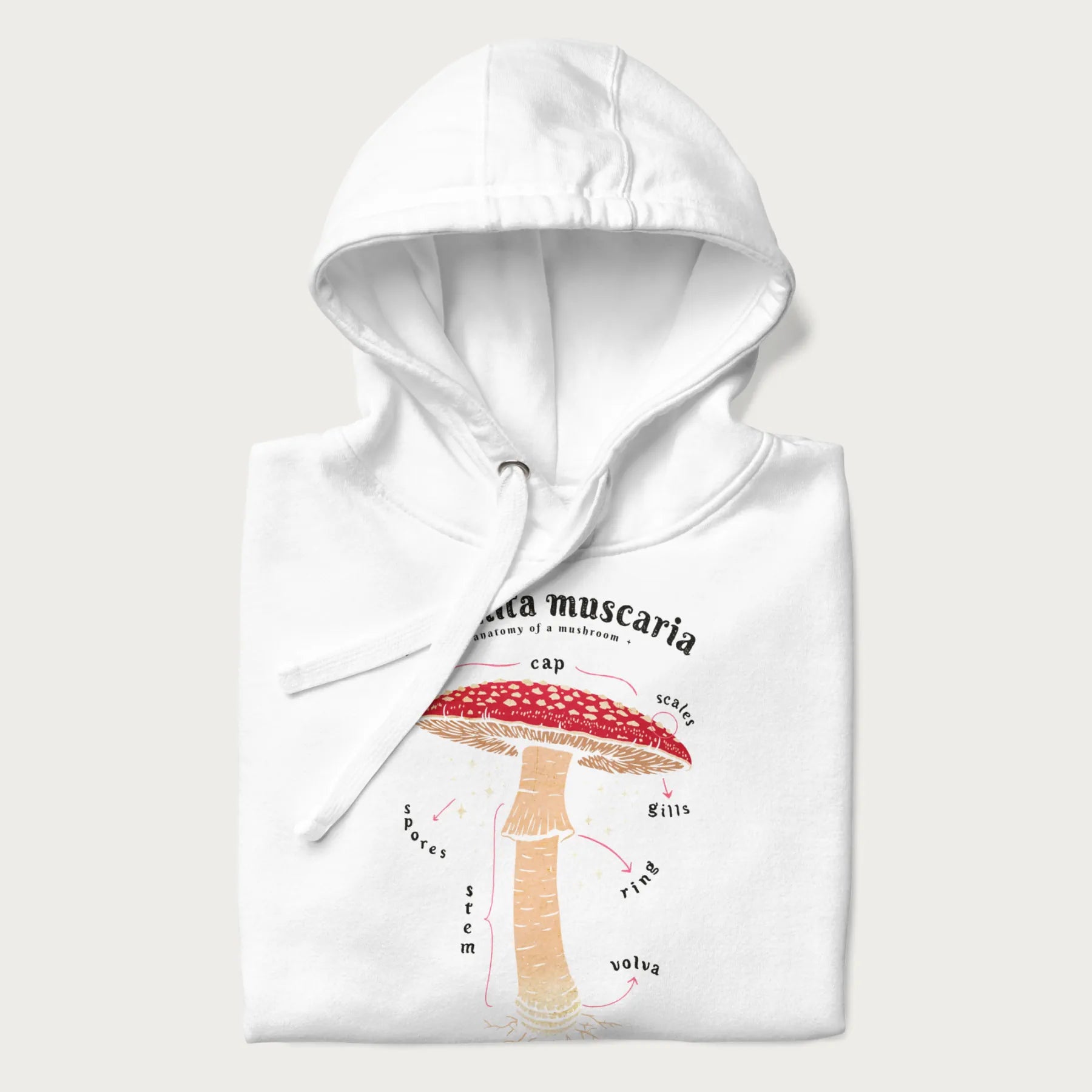 Folded white hoodie with a detailed anatomy illustration of an Amanita muscaria mushroom.