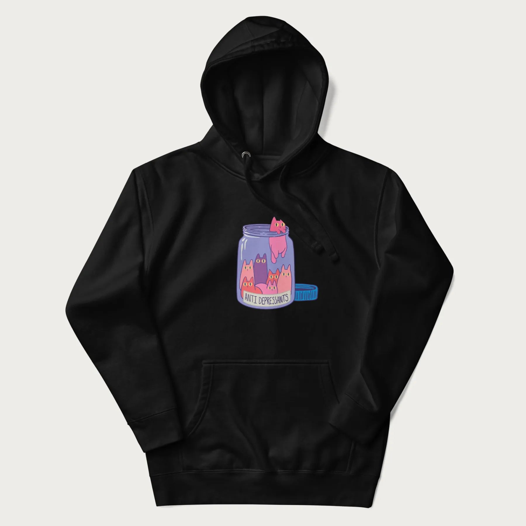 Cartoon cats in a clear jar labeled 'Anti Depressants' printed on a black hoodie.