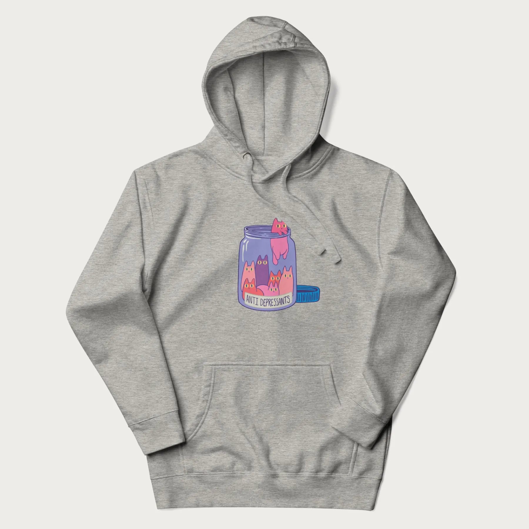 Cartoon cats in a clear jar labeled 'Anti Depressants' printed on a light grey hoodie.