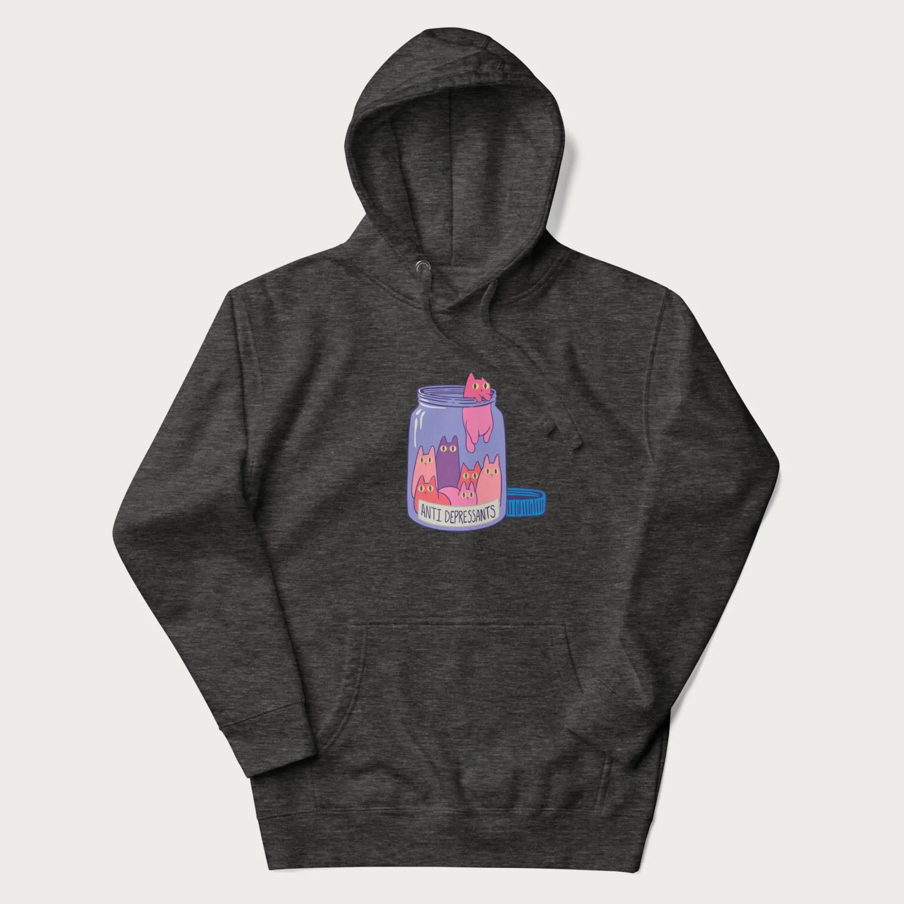Cartoon cats in a clear jar labeled 'Anti Depressants' printed on a dark grey hoodie.