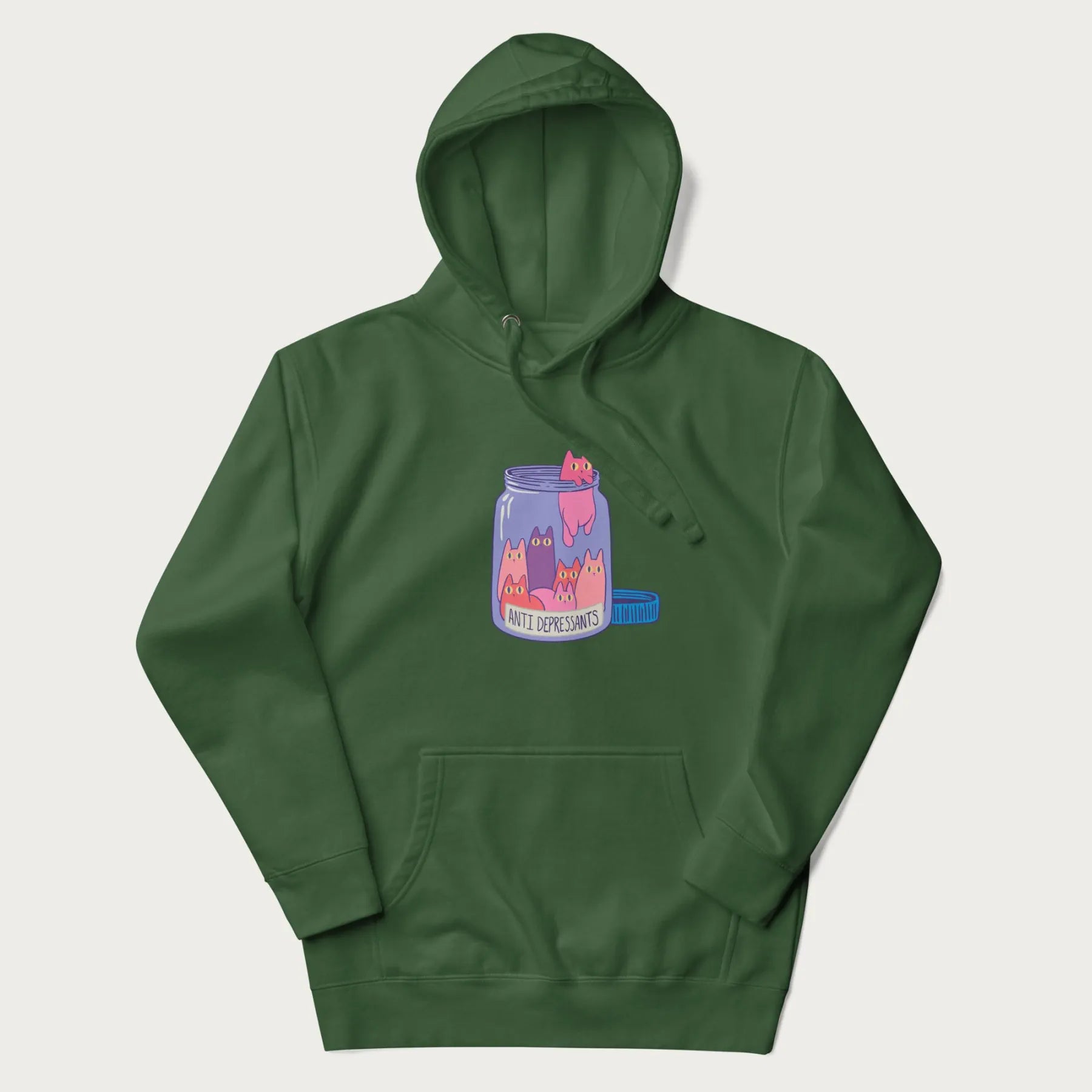 Cartoon cats in a clear jar labeled 'Anti Depressants' printed on a dark green hoodie.