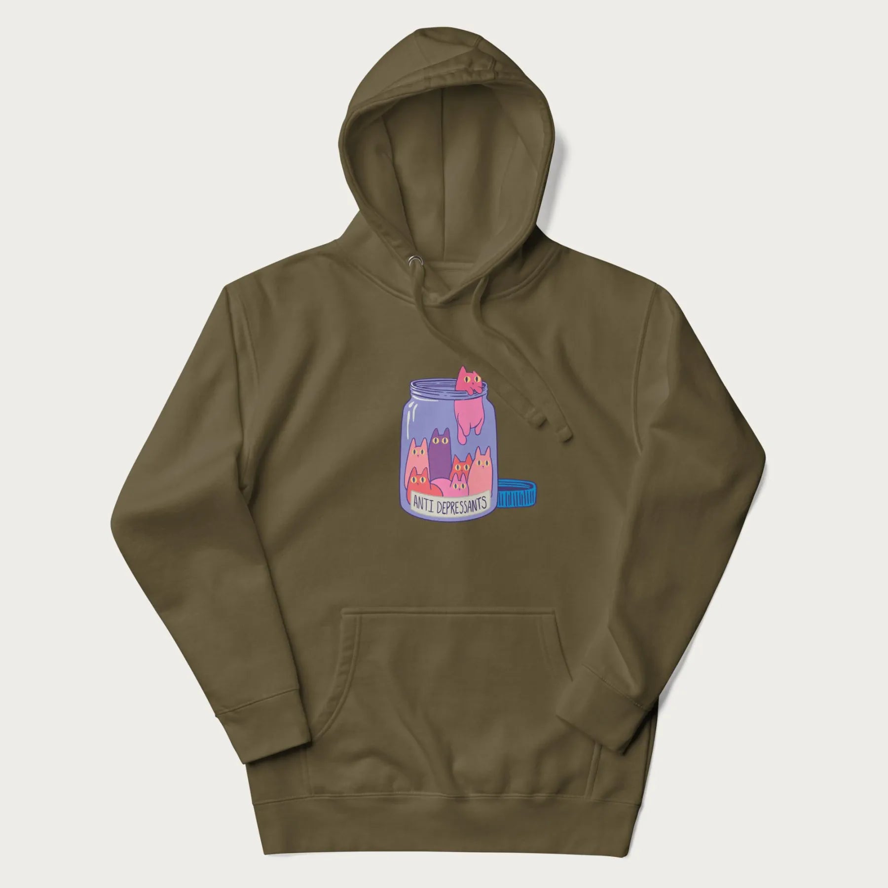 Cartoon cats in a clear jar labeled 'Anti Depressants' printed on a military green hoodie.