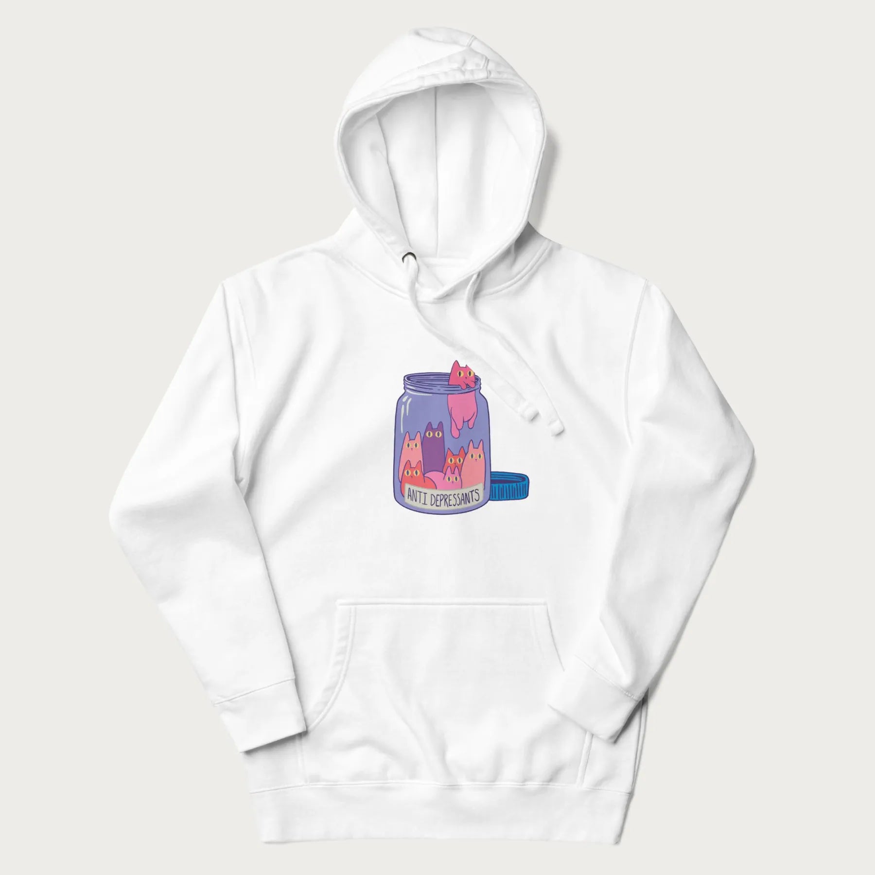 Cartoon cats in a clear jar labeled 'Anti Depressants' printed on a white hoodie.