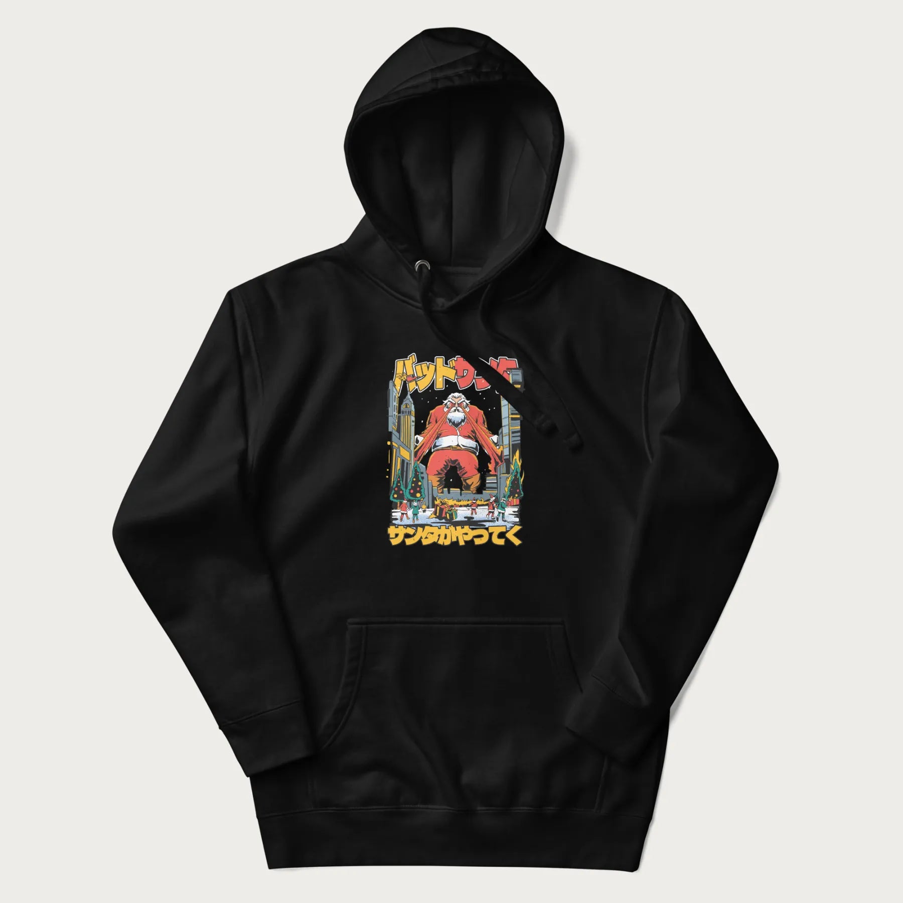 Black hoodie with Japanese graphic of Santa Claus with laser eyes attacking a festive city, with the Japanese text 'パッドサンタ' (Bad Santa).