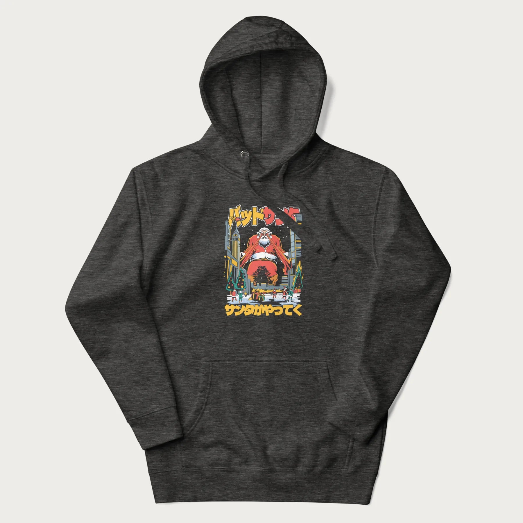 Dark grey hoodie with Japanese graphic of Santa Claus with laser eyes attacking a festive city, with the Japanese text 'パッドサンタ' (Bad Santa).