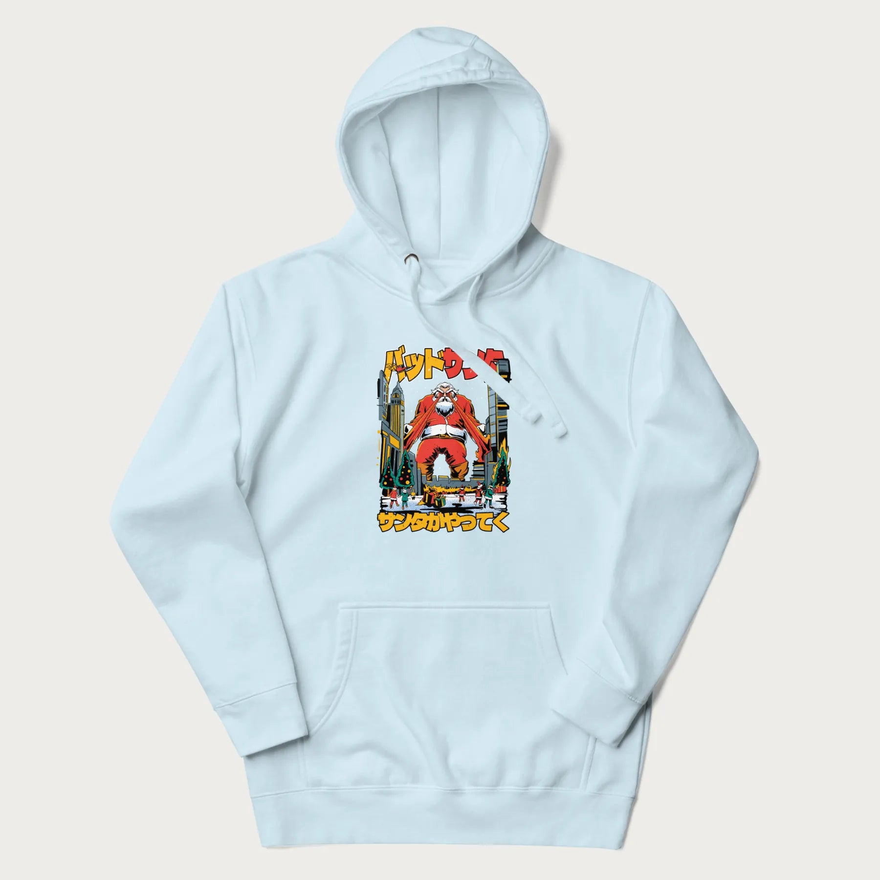 Light blue hoodie with Japanese graphic of Santa Claus with laser eyes attacking a festive city, with the Japanese text 'パッドサンタ' (Bad Santa).