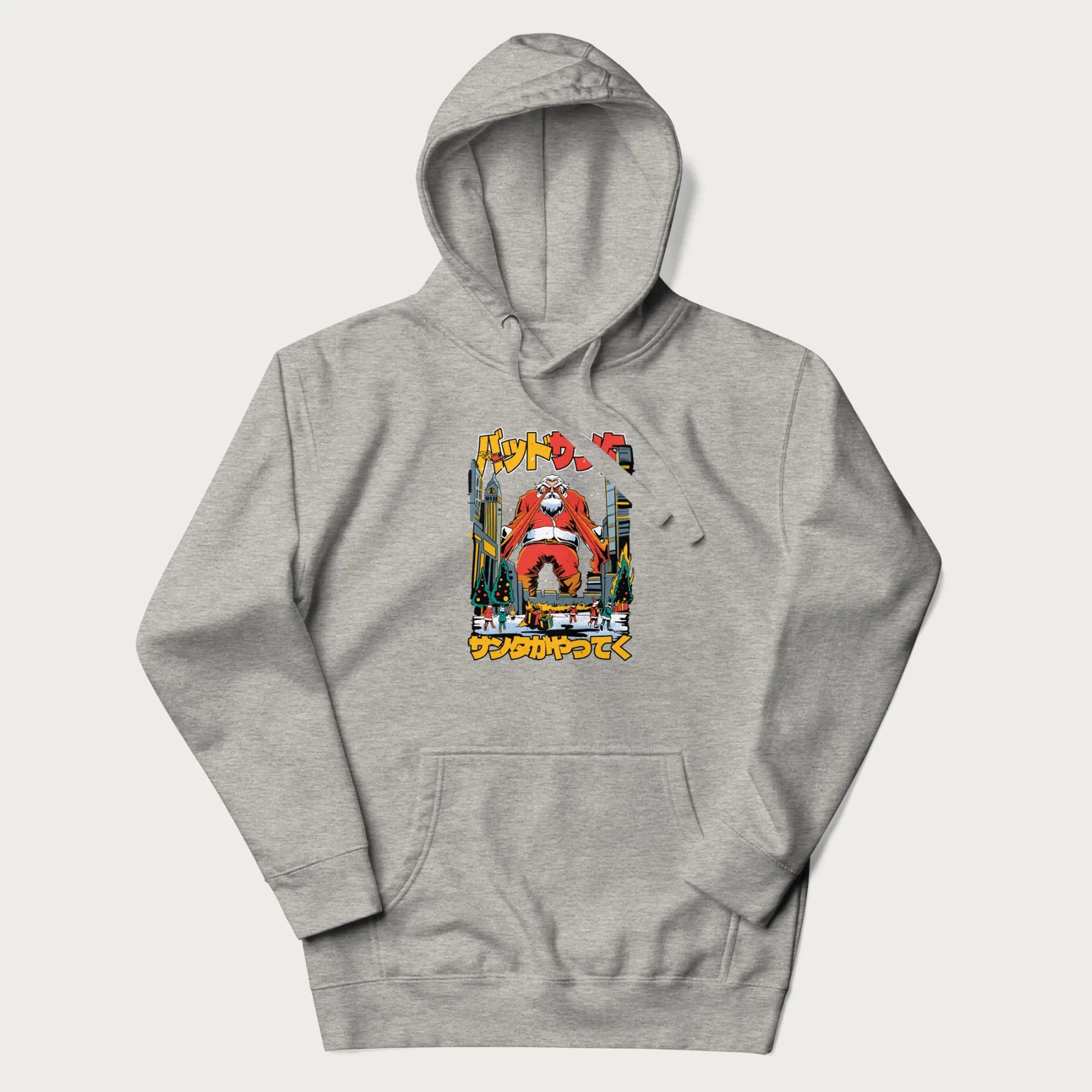 Light grey hoodie with Japanese graphic of Santa Claus with laser eyes attacking a festive city, with the Japanese text 'パッドサンタ' (Bad Santa).