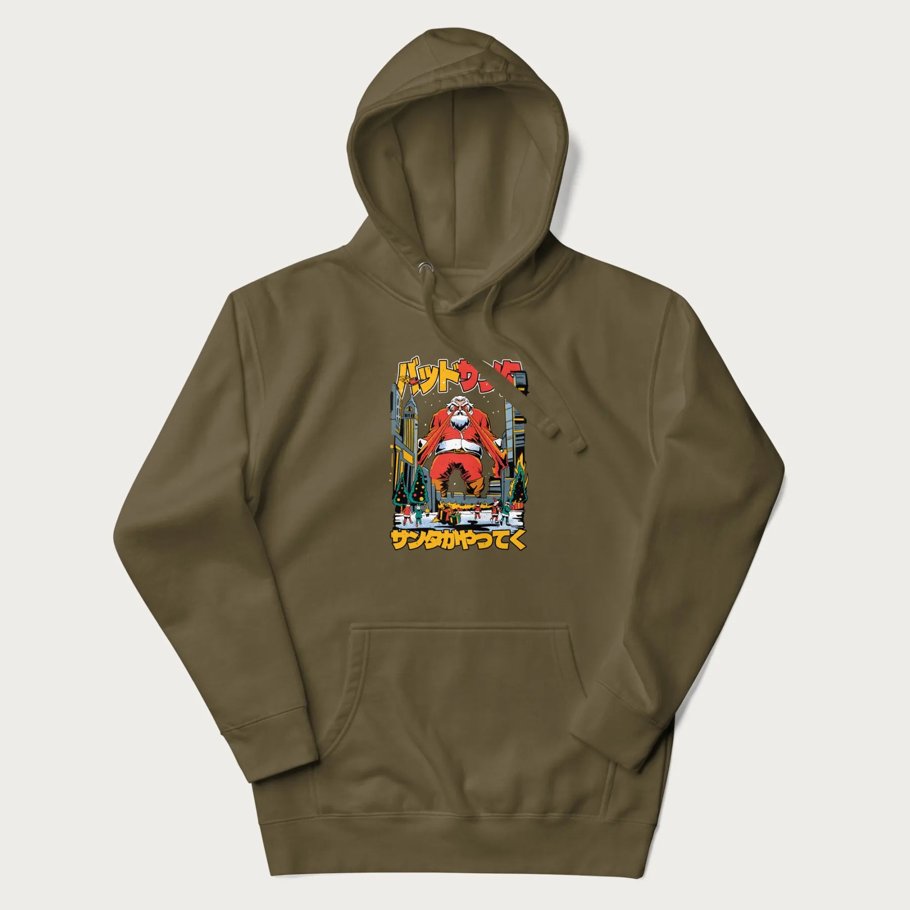 Military green hoodie with Japanese graphic of Santa Claus with laser eyes attacking a festive city, with the Japanese text 'パッドサンタ' (Bad Santa).