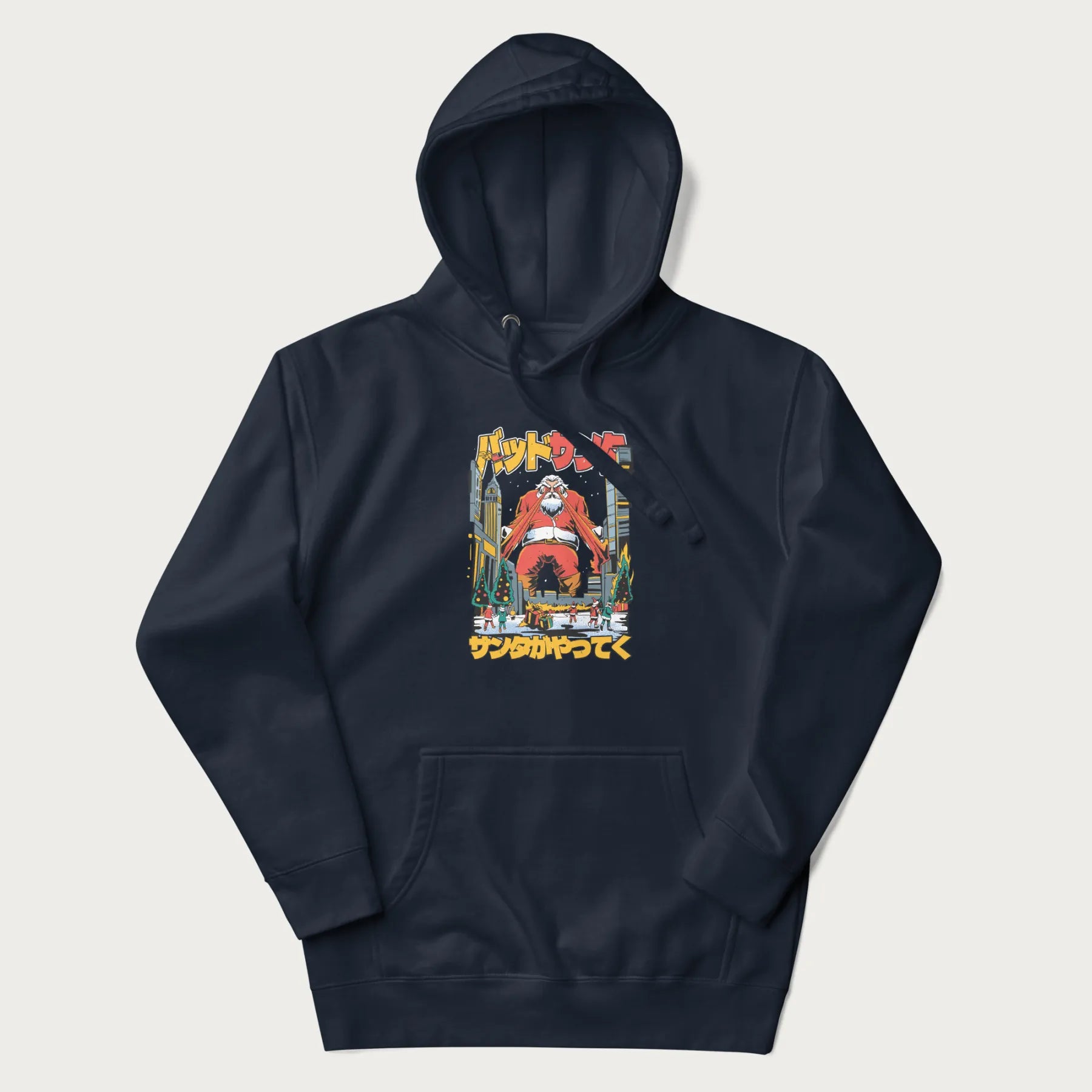 Navy blue hoodie with Japanese graphic of Santa Claus with laser eyes attacking a festive city, with the Japanese text 'パッドサンタ' (Bad Santa).