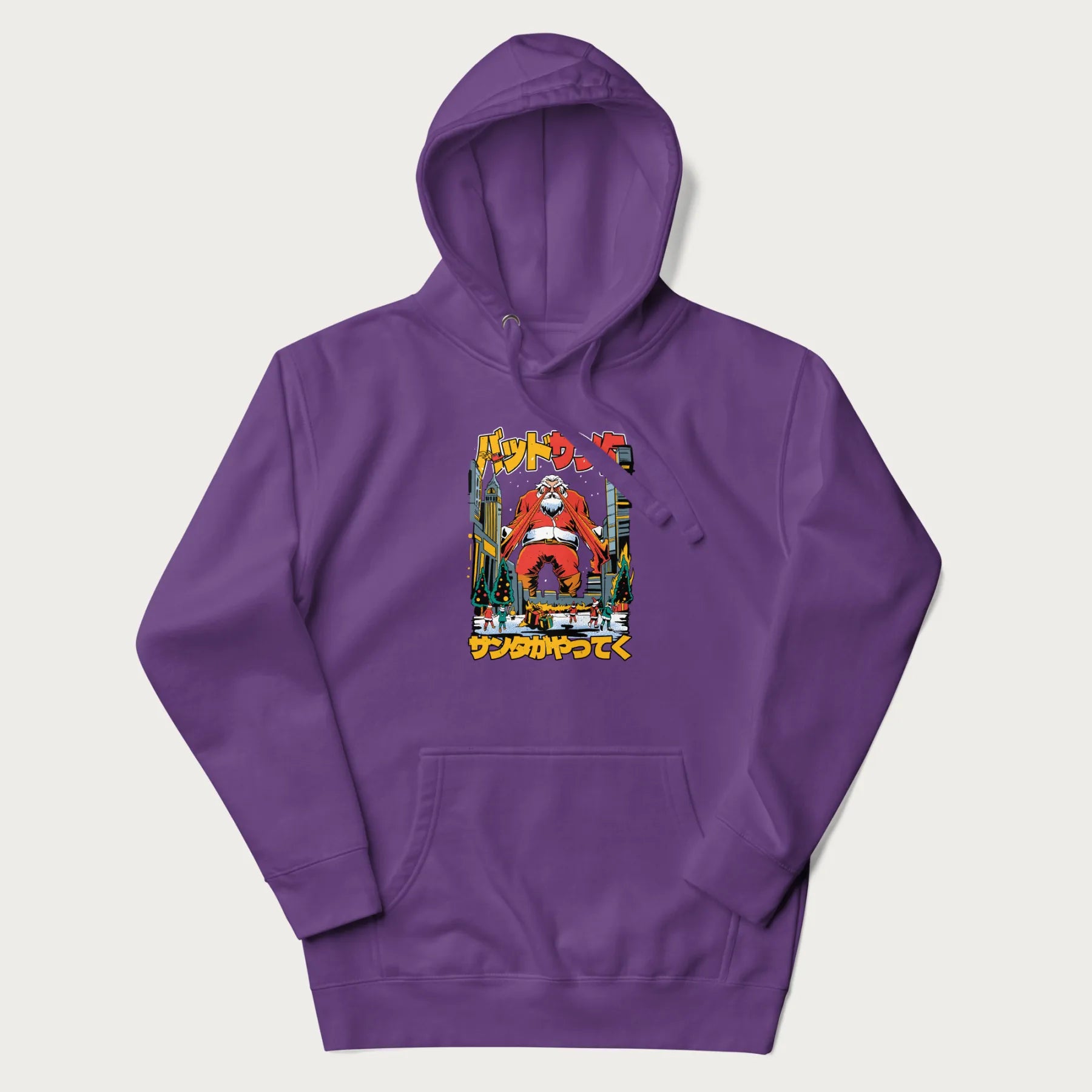Purple hoodie with Japanese graphic of Santa Claus with laser eyes attacking a festive city, with the Japanese text 'パッドサンタ' (Bad Santa).