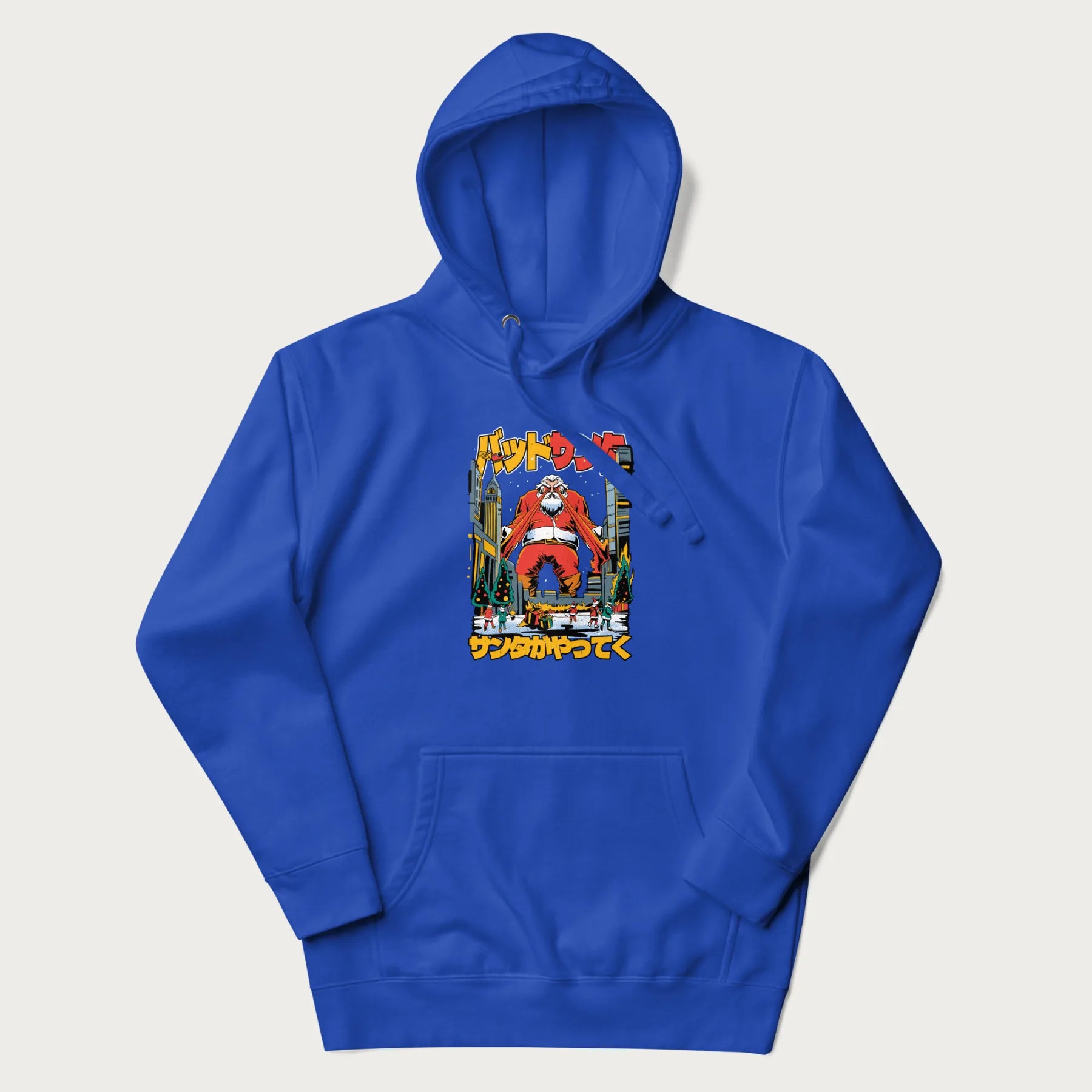 Royal blue hoodie with Japanese graphic of Santa Claus with laser eyes attacking a festive city, with the Japanese text 'パッドサンタ' (Bad Santa).