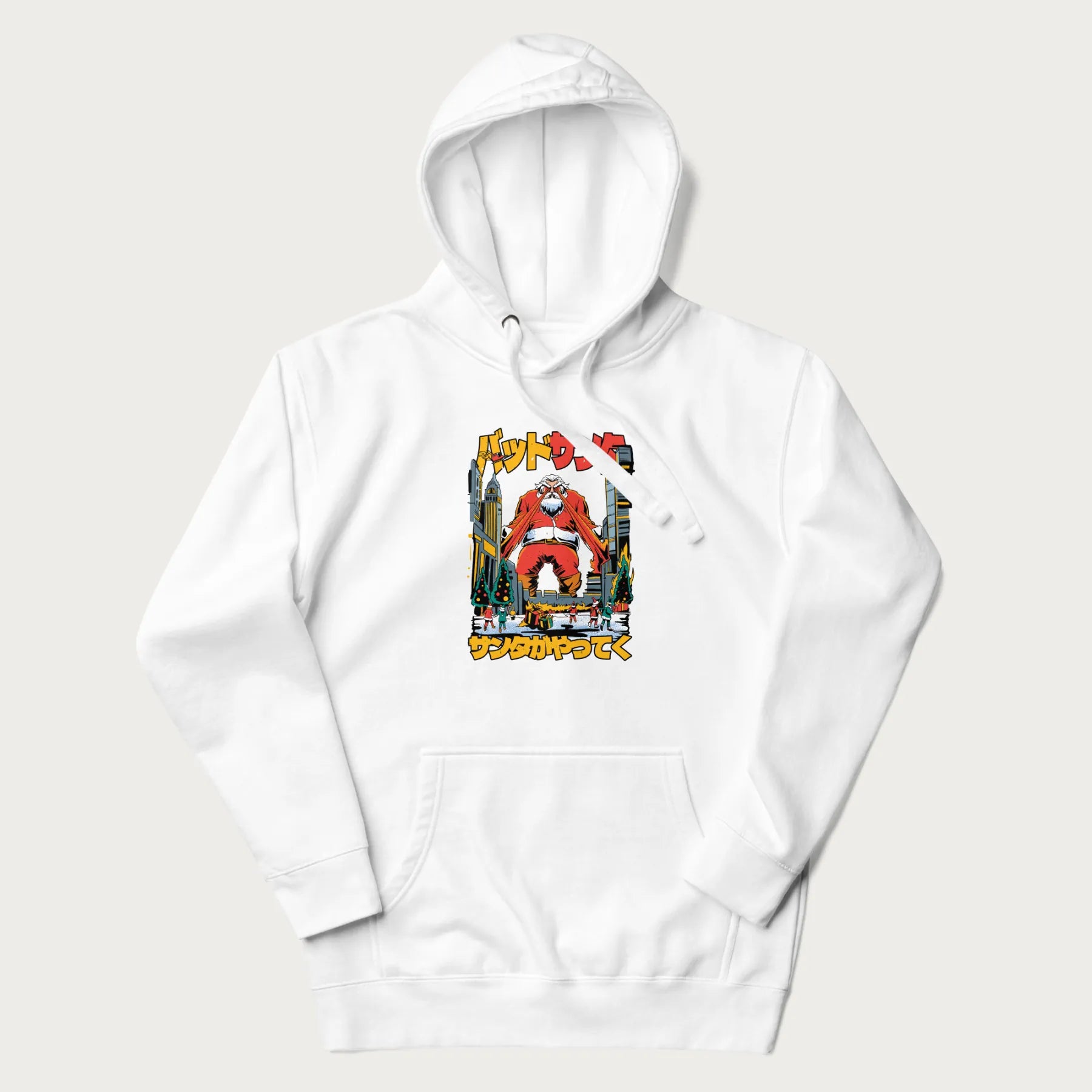 White hoodie with Japanese graphic of Santa Claus with laser eyes attacking a festive city, with the Japanese text 'パッドサンタ' (Bad Santa).