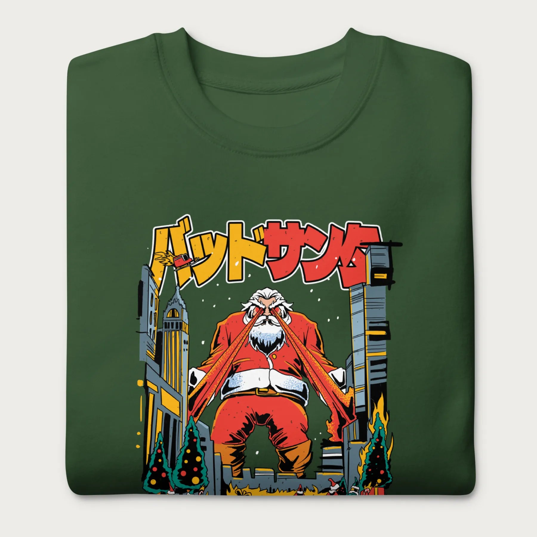 Folded forest green sweatshirt with a bold graphic of Santa Claus with laser eyes attacking a city, featuring bold Japanese text.