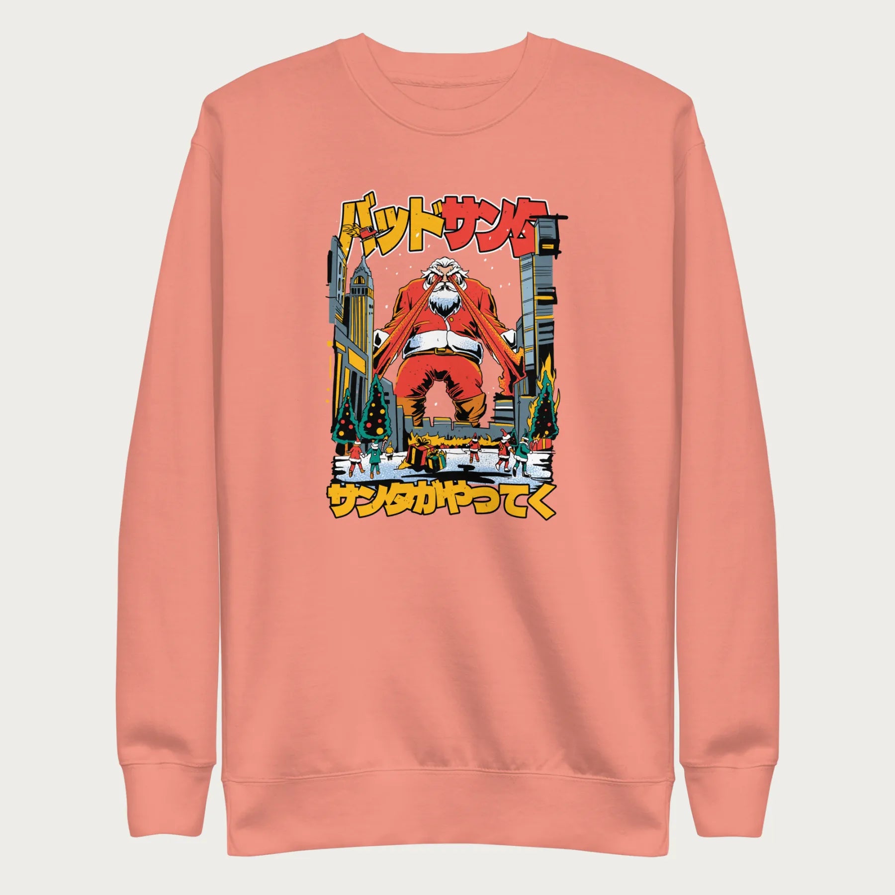 Light pink sweatshirt with a bold graphic of Santa Claus with laser eyes attacking a city, featuring bold Japanese text.