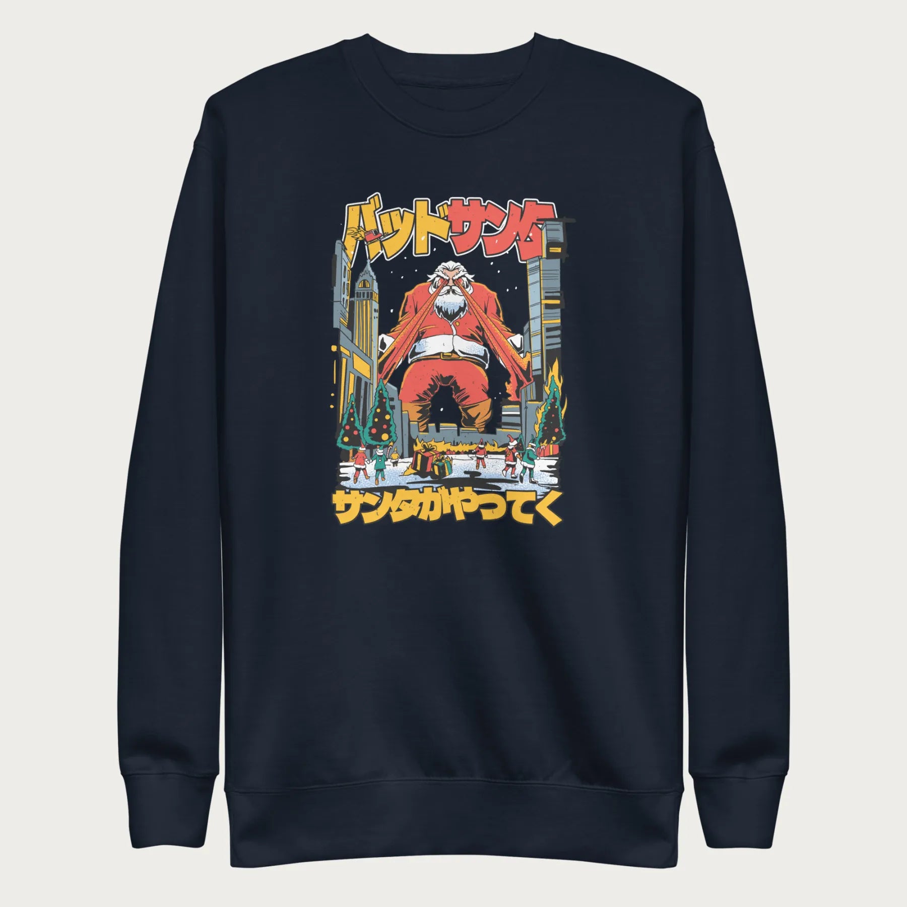 Navy blue sweatshirt with a bold graphic of Santa Claus with laser eyes attacking a city, featuring bold Japanese text.