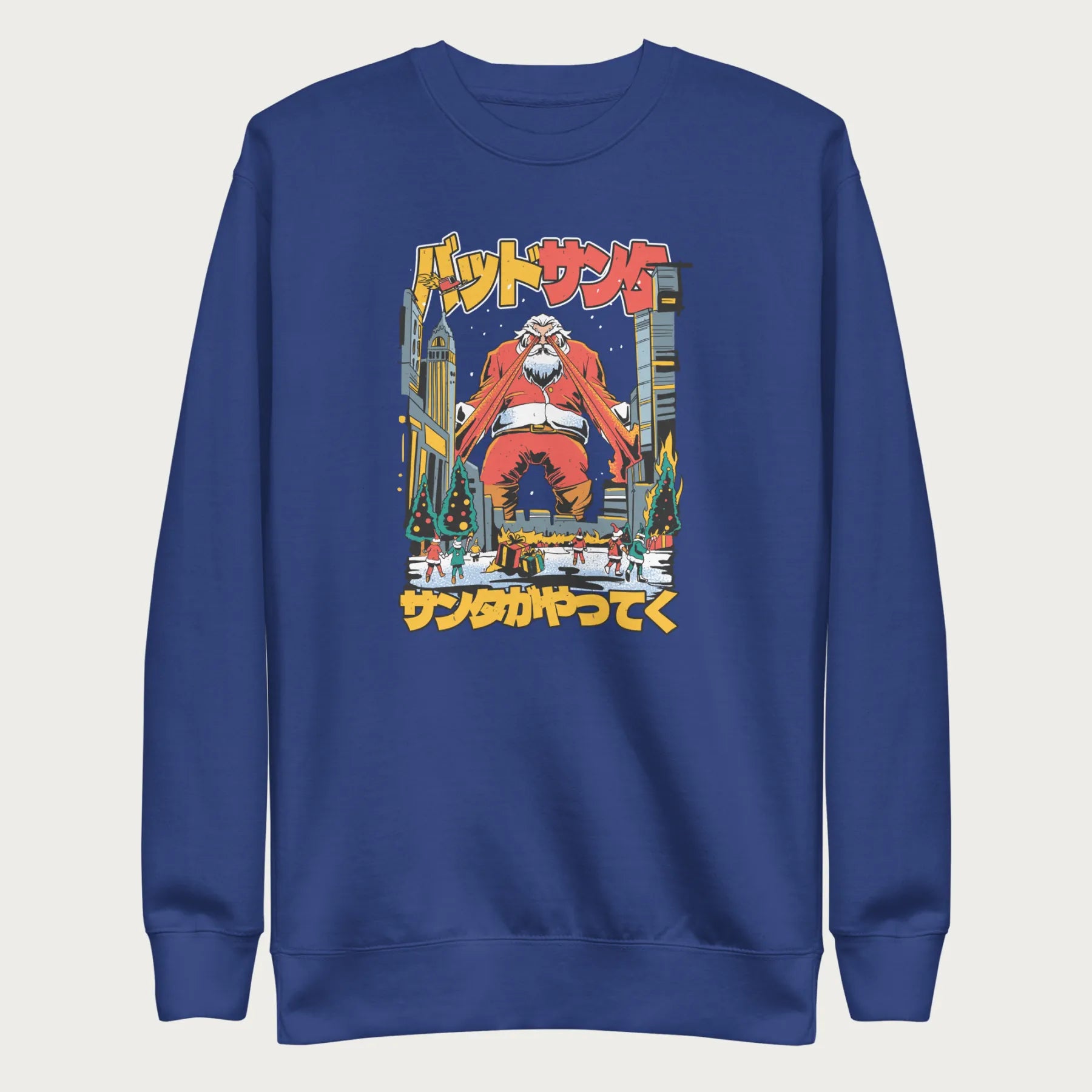Royal blue sweatshirt with a bold graphic of Santa Claus with laser eyes attacking a city, featuring bold Japanese text.