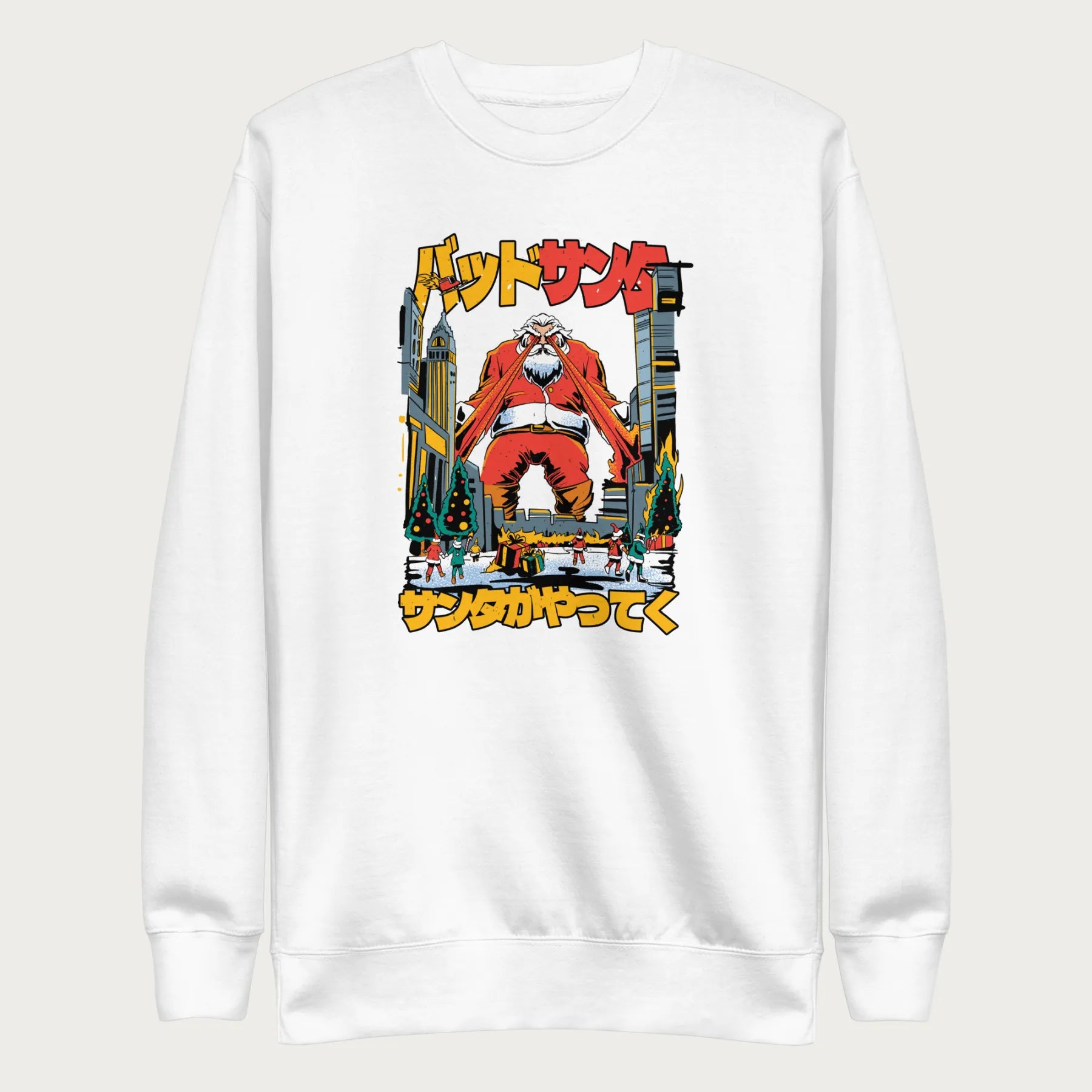 White sweatshirt with a bold graphic of Santa Claus with laser eyes attacking a city, featuring bold Japanese text.
