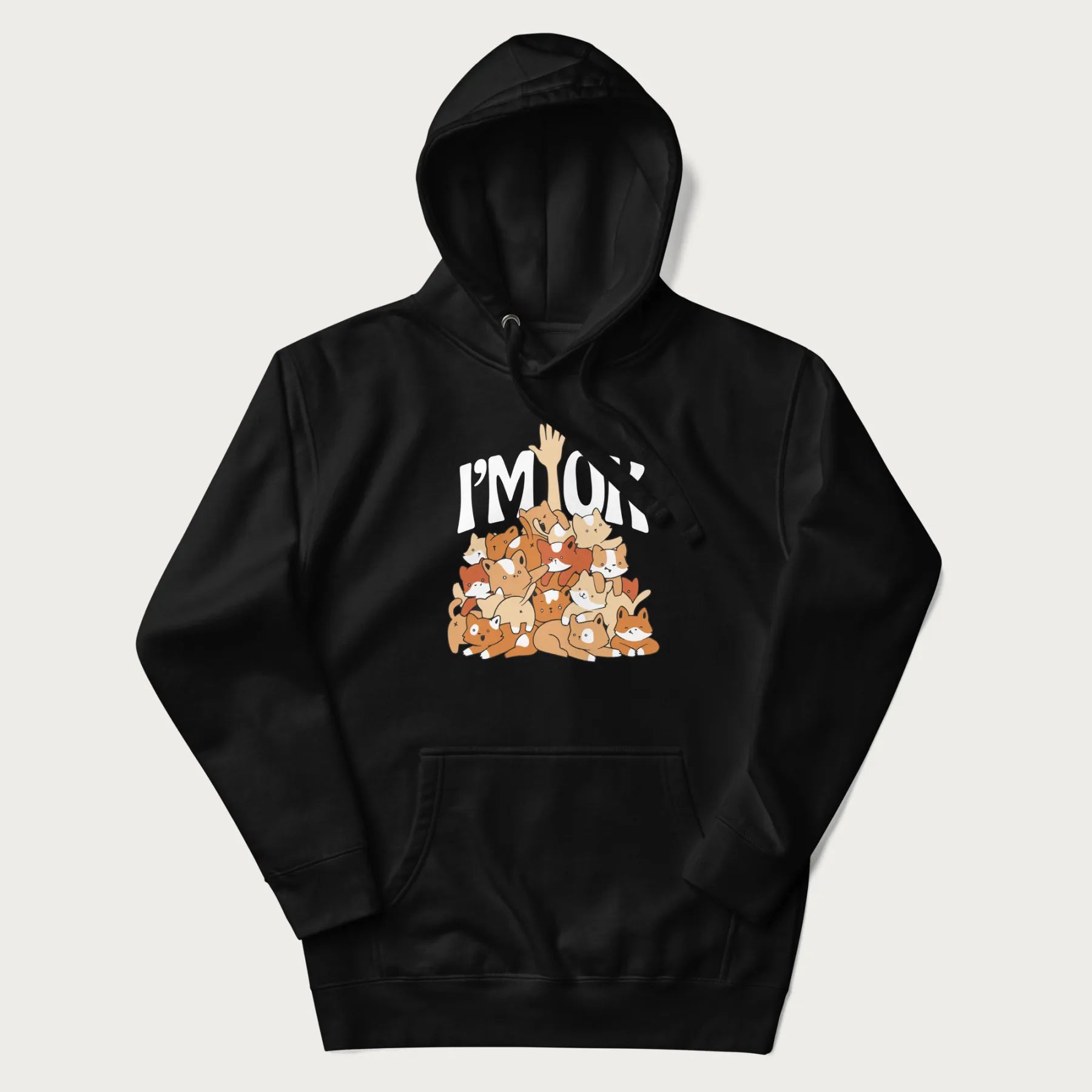 Black hoodie with a graphic of kittens piled on top of a person with "I'M OK" in large letters.