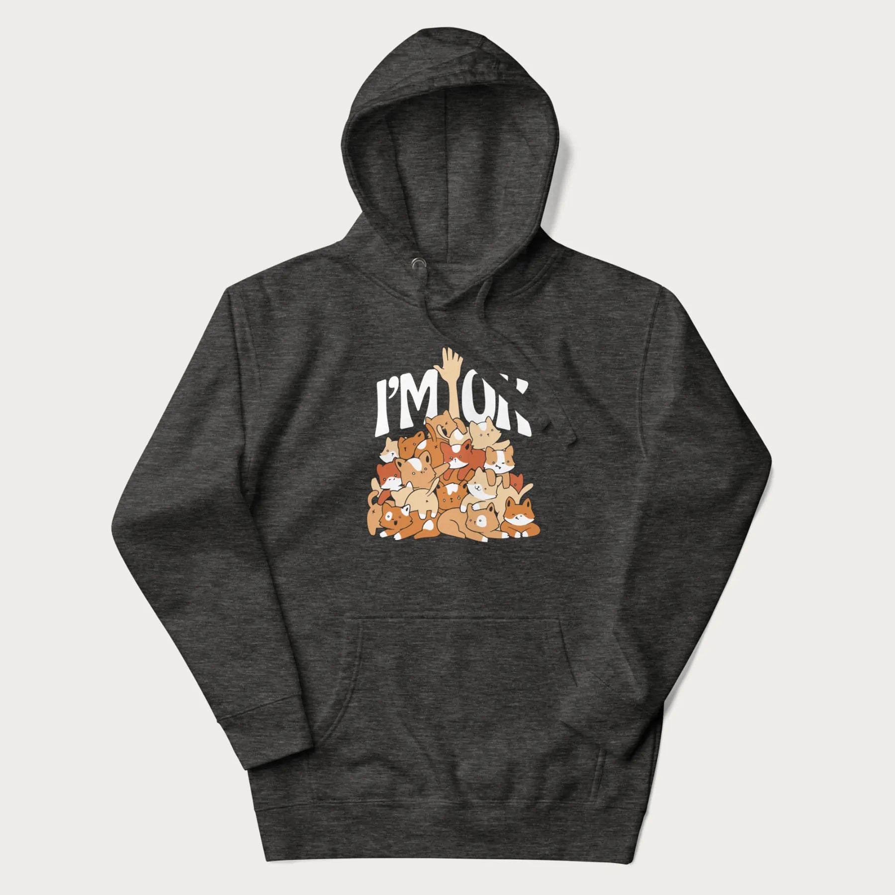 Dark grey hoodie with a graphic of kittens piled on top of a person with "I'M OK" in large letters.