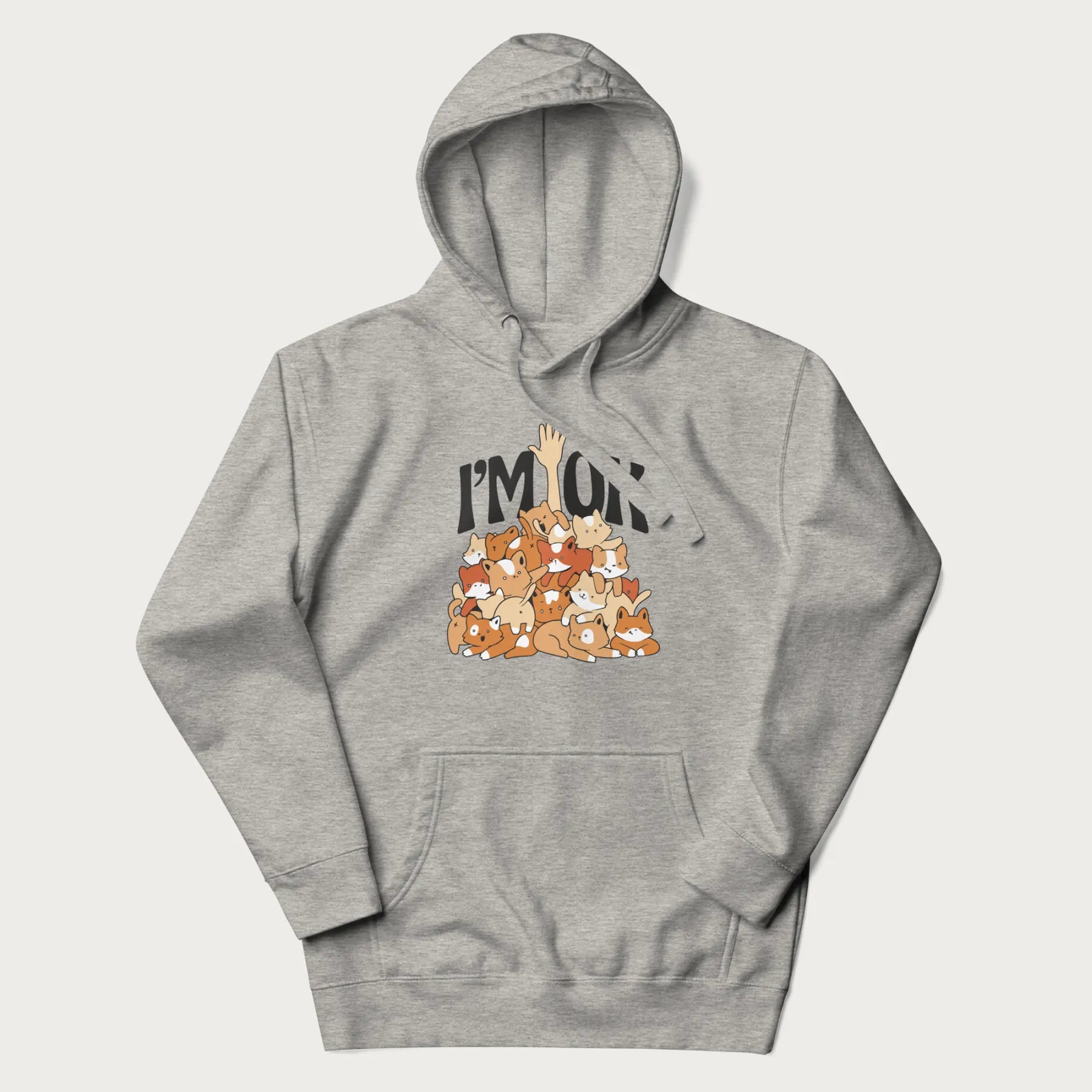 Light grey hoodie with a graphic of kittens piled on top of a person with "I'M OK" in large letters.