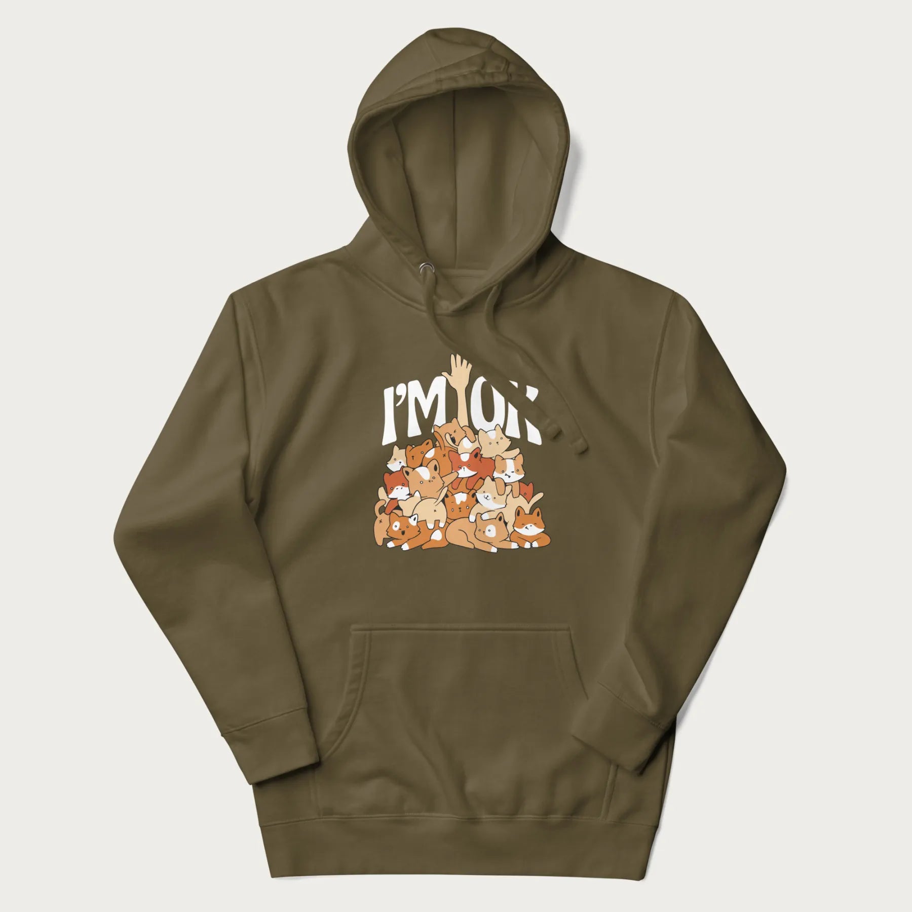 Military green hoodie with a graphic of kittens piled on top of a person with "I'M OK" in large letters.