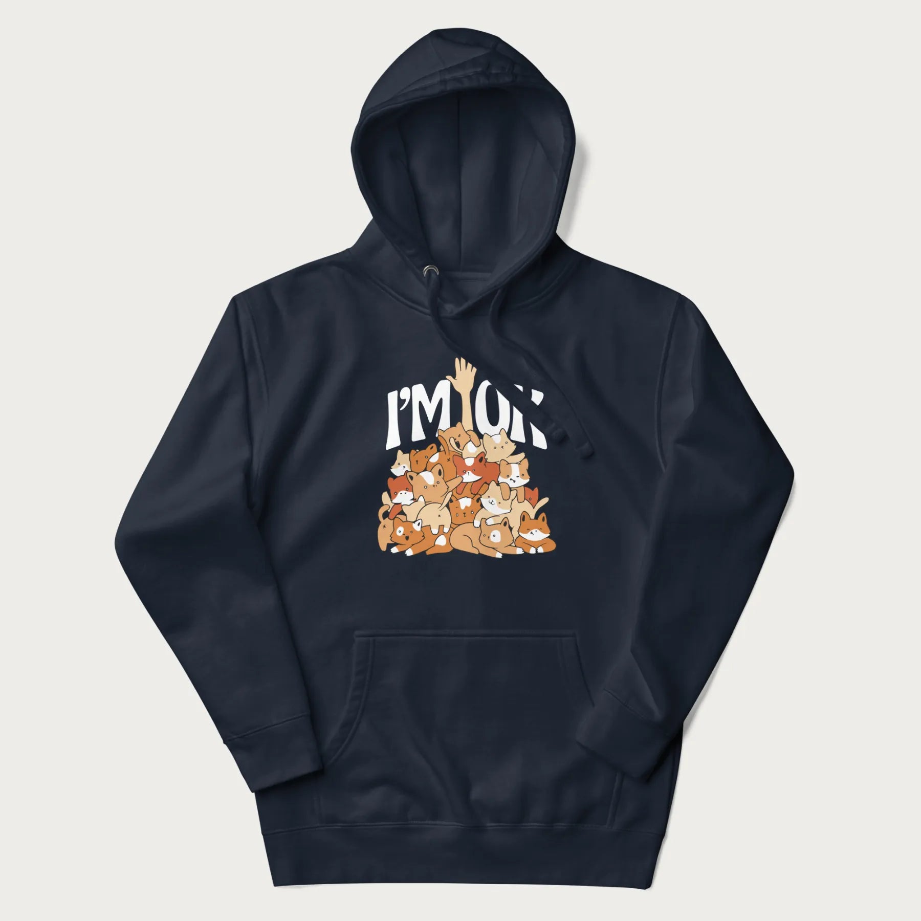 Navy blue hoodie with a graphic of kittens piled on top of a person with "I'M OK" in large letters.