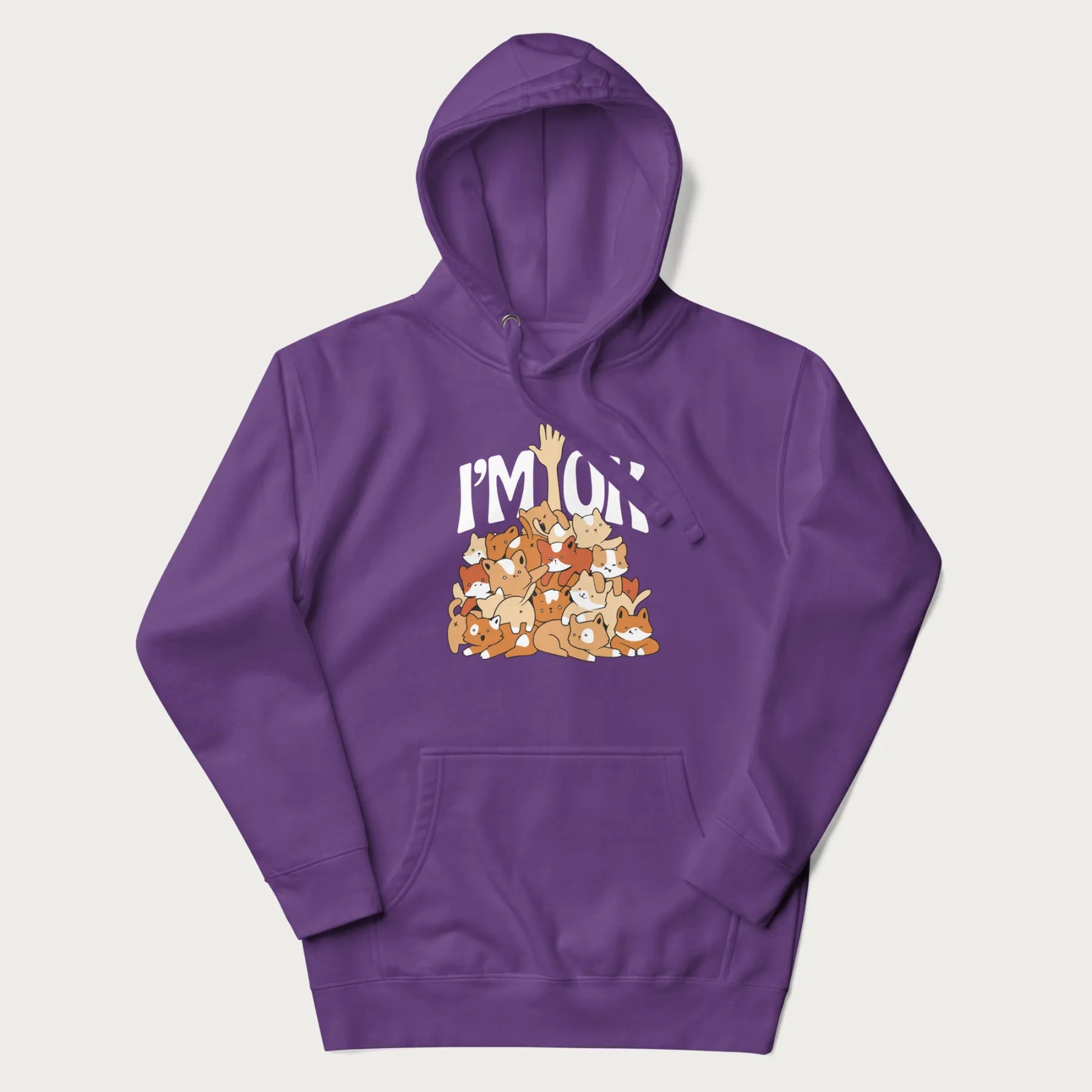 Purple hoodie with a graphic of kittens piled on top of a person with "I'M OK" in large letters.