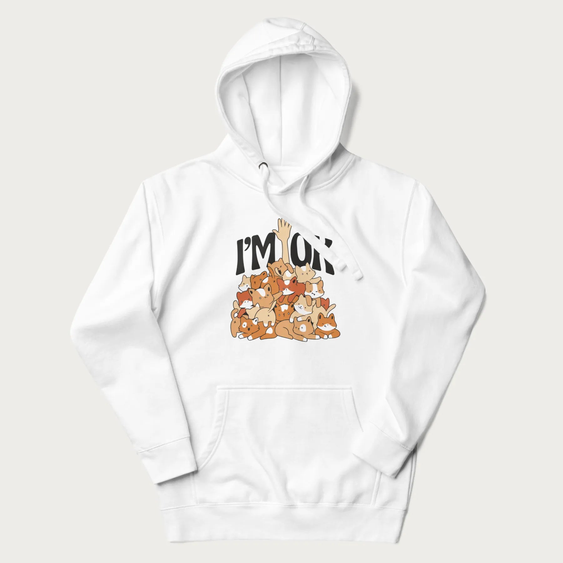 White hoodie with a graphic of kittens piled on top of a person with "I'M OK" in large letters.