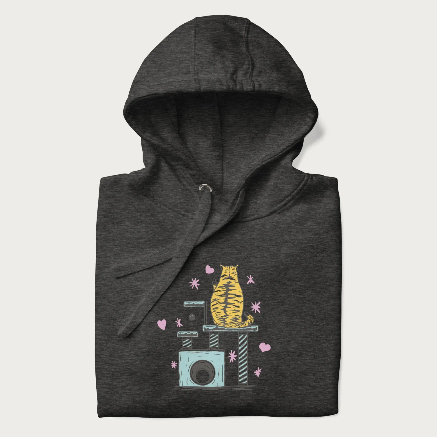 Folded dark grey hoodie with graphic of a tabby cat on a scratching post, raising its middle finger.