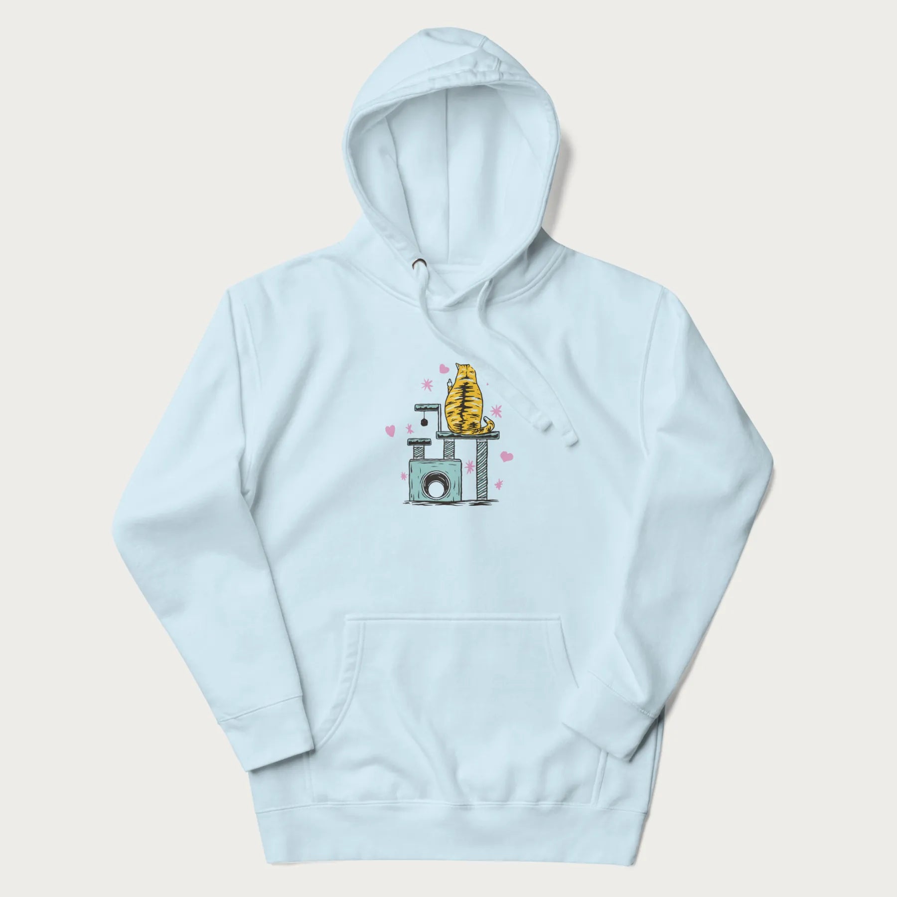 Light blue hoodie with graphic of a tabby cat on a scratching post, raising its middle finger.