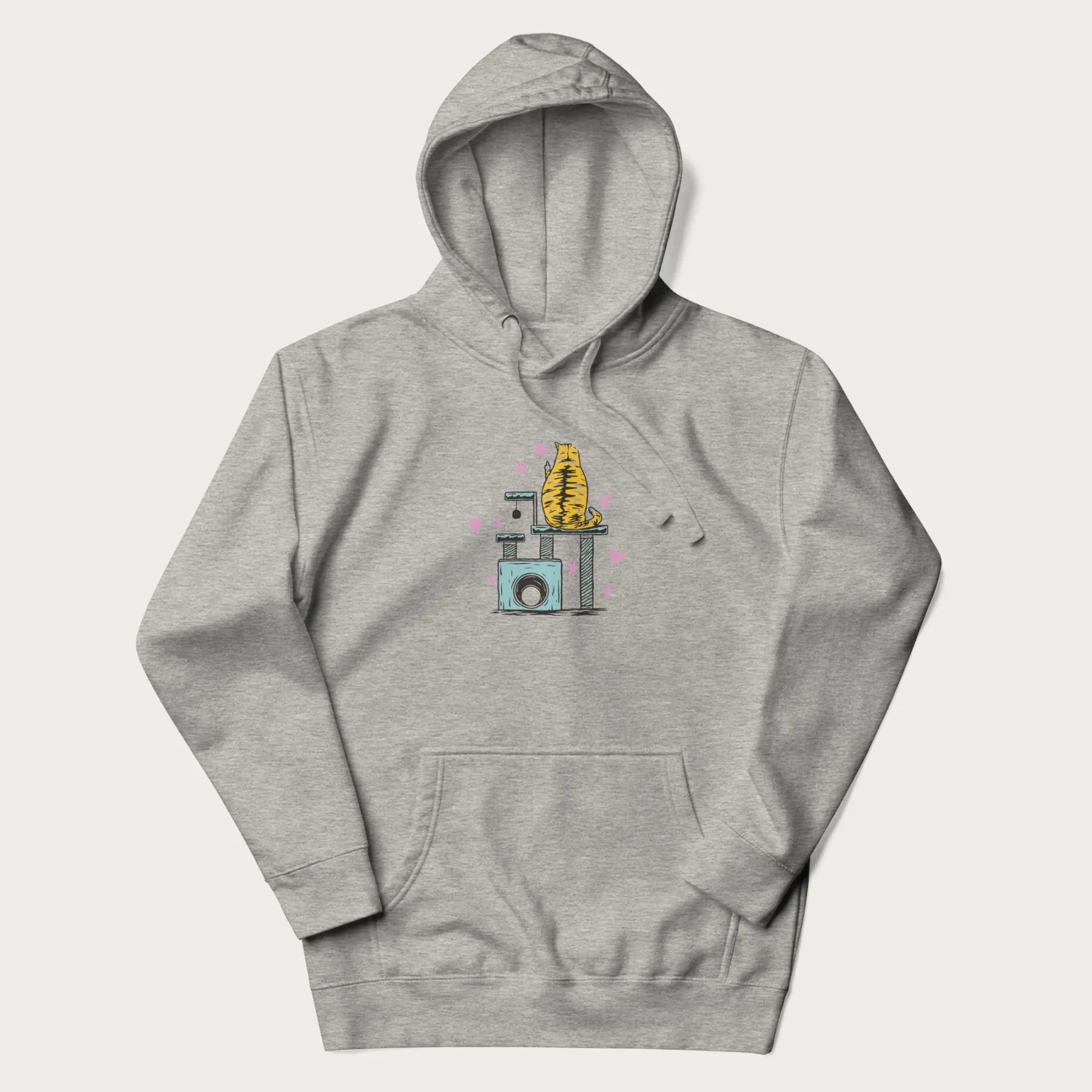 Light grey hoodie with graphic of a tabby cat on a scratching post, raising its middle finger.