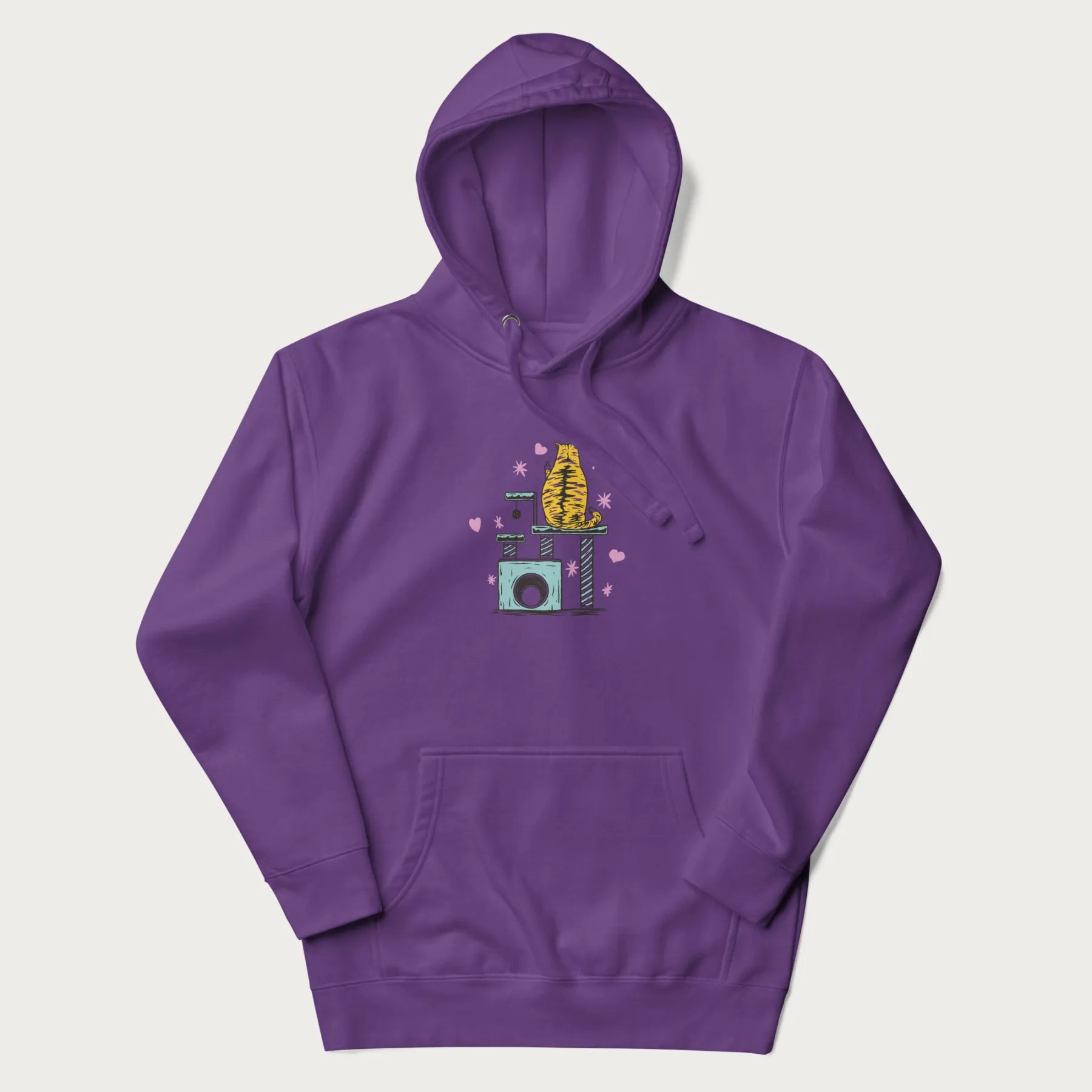 Purple hoodie with graphic of a tabby cat on a scratching post, raising its middle finger.