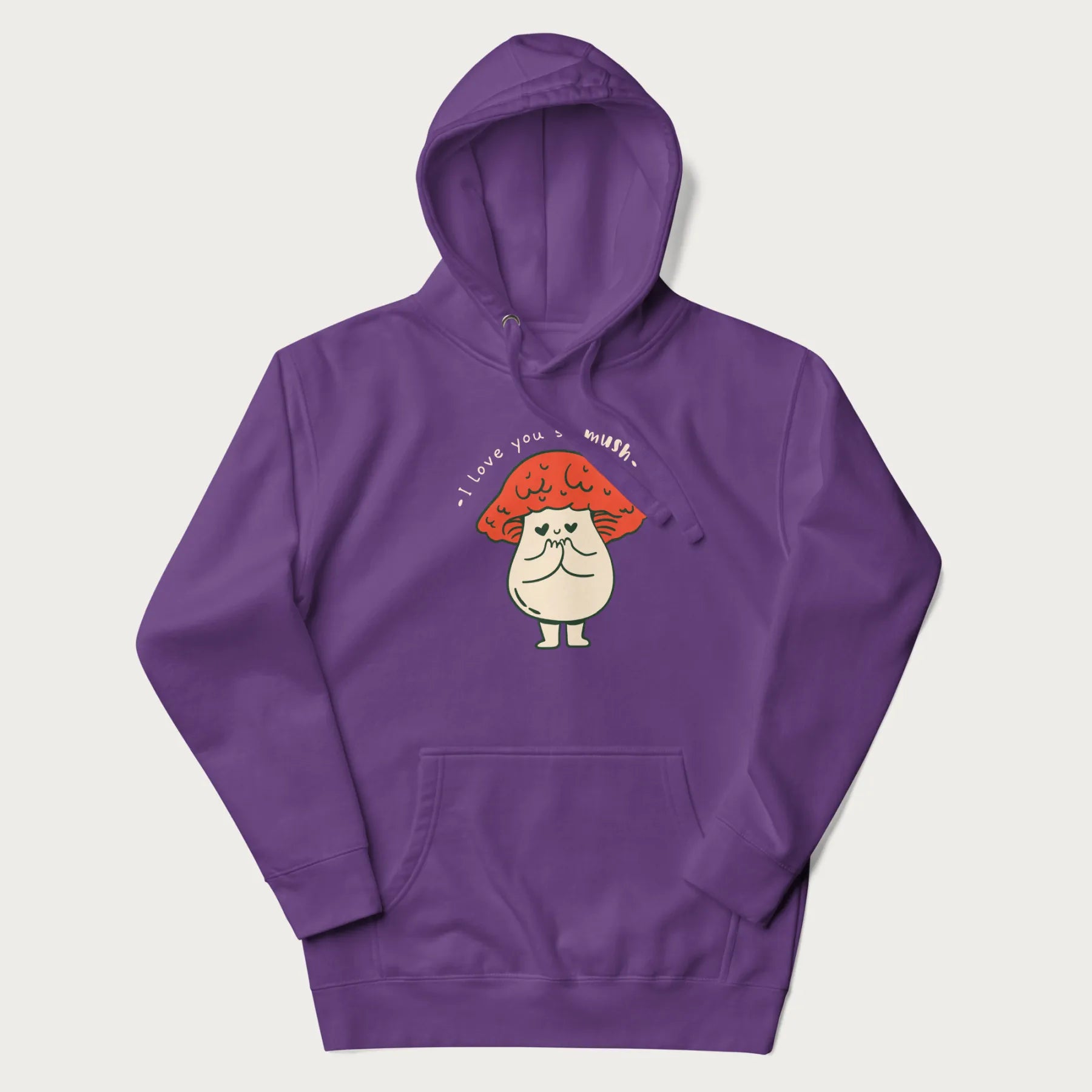 Purple hoodie with a graphic of a cute mushroom character with a red cap and heart-shaped eyes, and the text 'I Love You So Mush'.