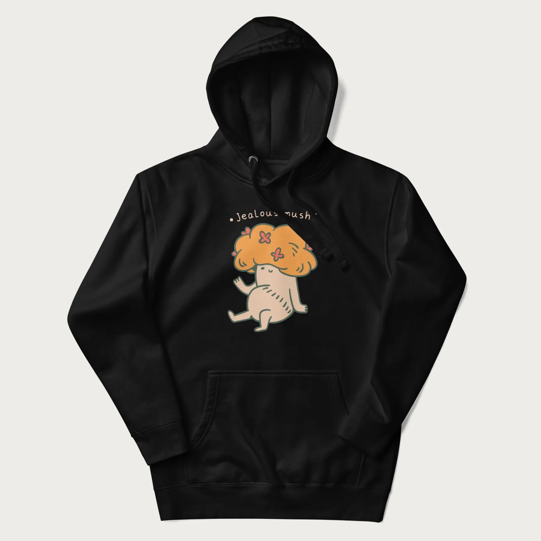 Black hoodie with a graphic of a mushroom character with an orange cap and the text 'Jealous mush?'.