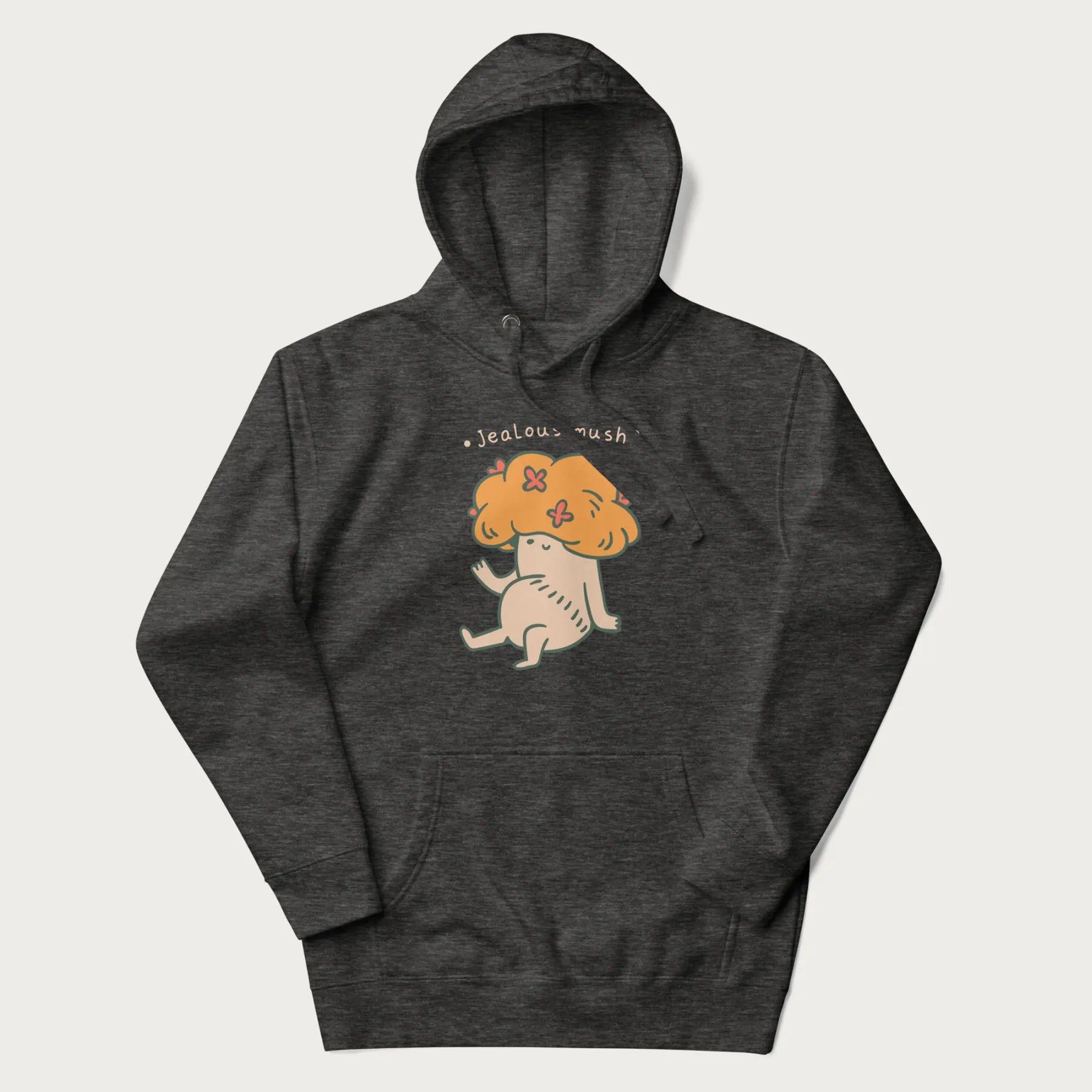 Dark grey hoodie with a graphic of a mushroom character with an orange cap and the text 'Jealous mush?'.