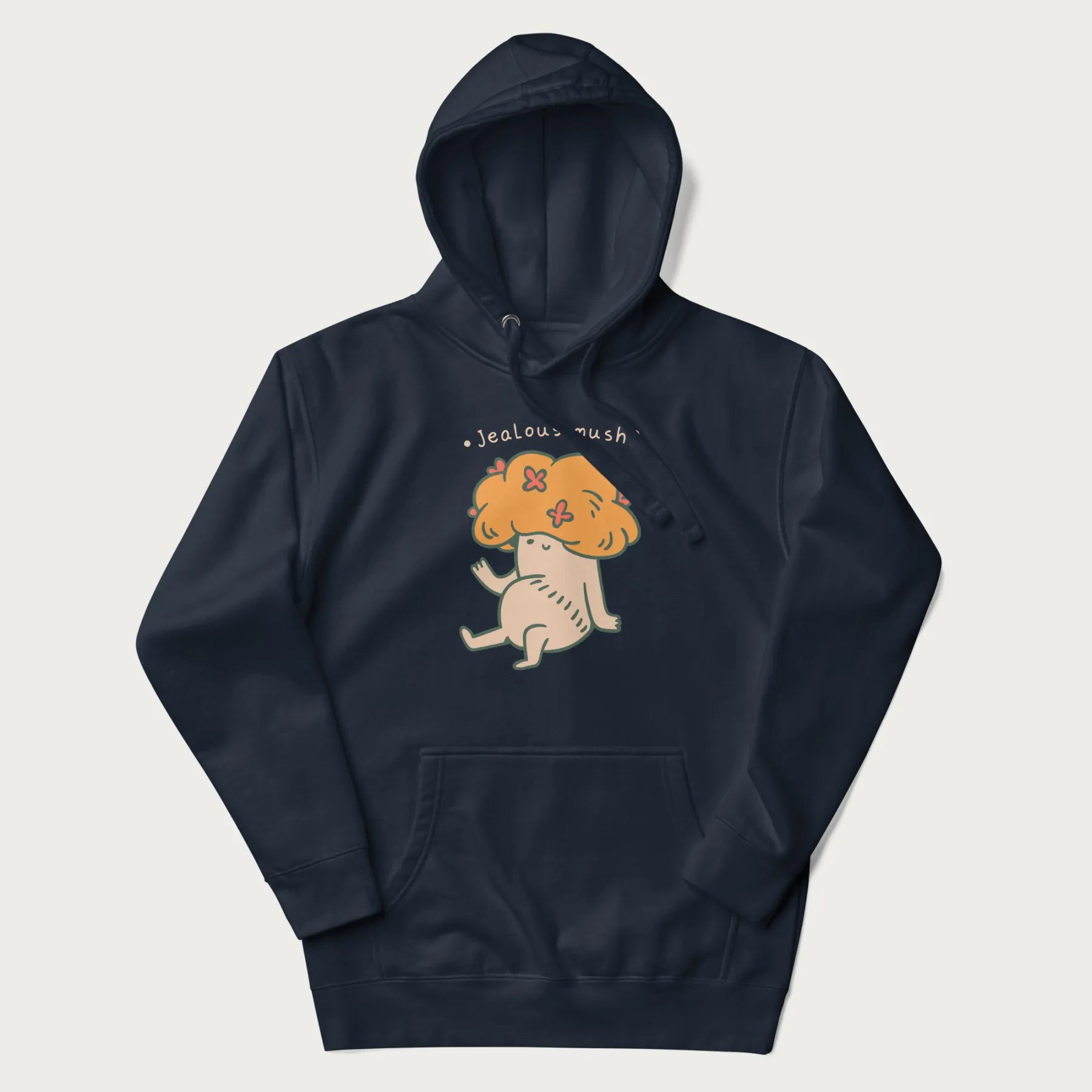 Navy blue hoodie with a graphic of a mushroom character with an orange cap and the text 'Jealous mush?'.