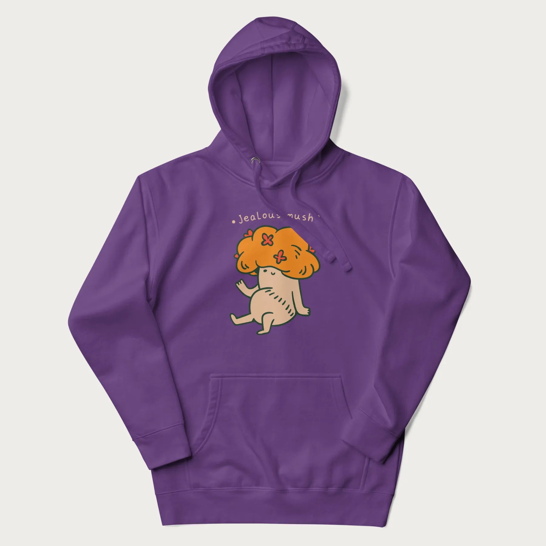 Purple hoodie with a graphic of a mushroom character with an orange cap and the text 'Jealous mush?'.