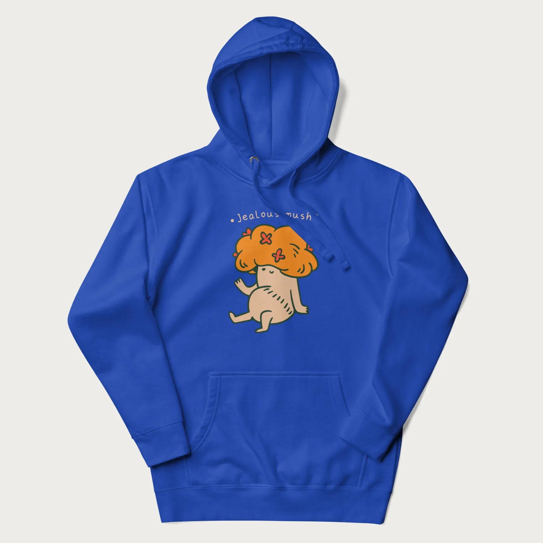 Royal blue hoodie with a graphic of a mushroom character with an orange cap and the text 'Jealous mush?'.